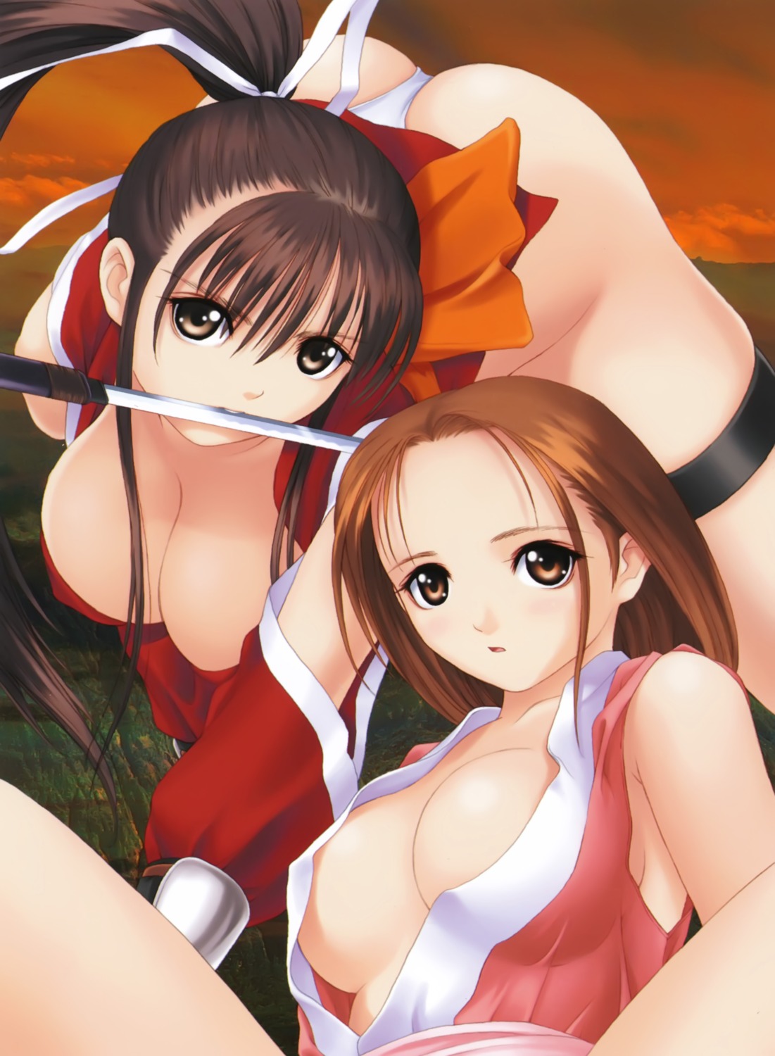 ass ciel_(company) cleavage erect_nipples fundoshi garter kimono mitama_shinobi ninja no_bra open_shirt ran_(mitama_shinobi) sarasa_(mitama_shinobi) sword tony_taka