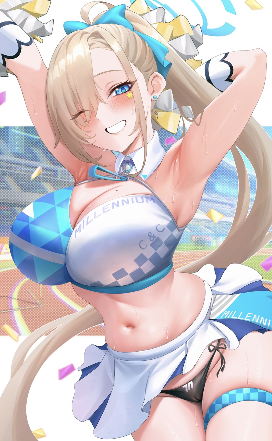 blue_archive cameltoe cheerleader cleavage cosplay garter halo ichinose_asuna nekozuka_hibiki pantsu skirt_lift st_r string_panties tattoo wet