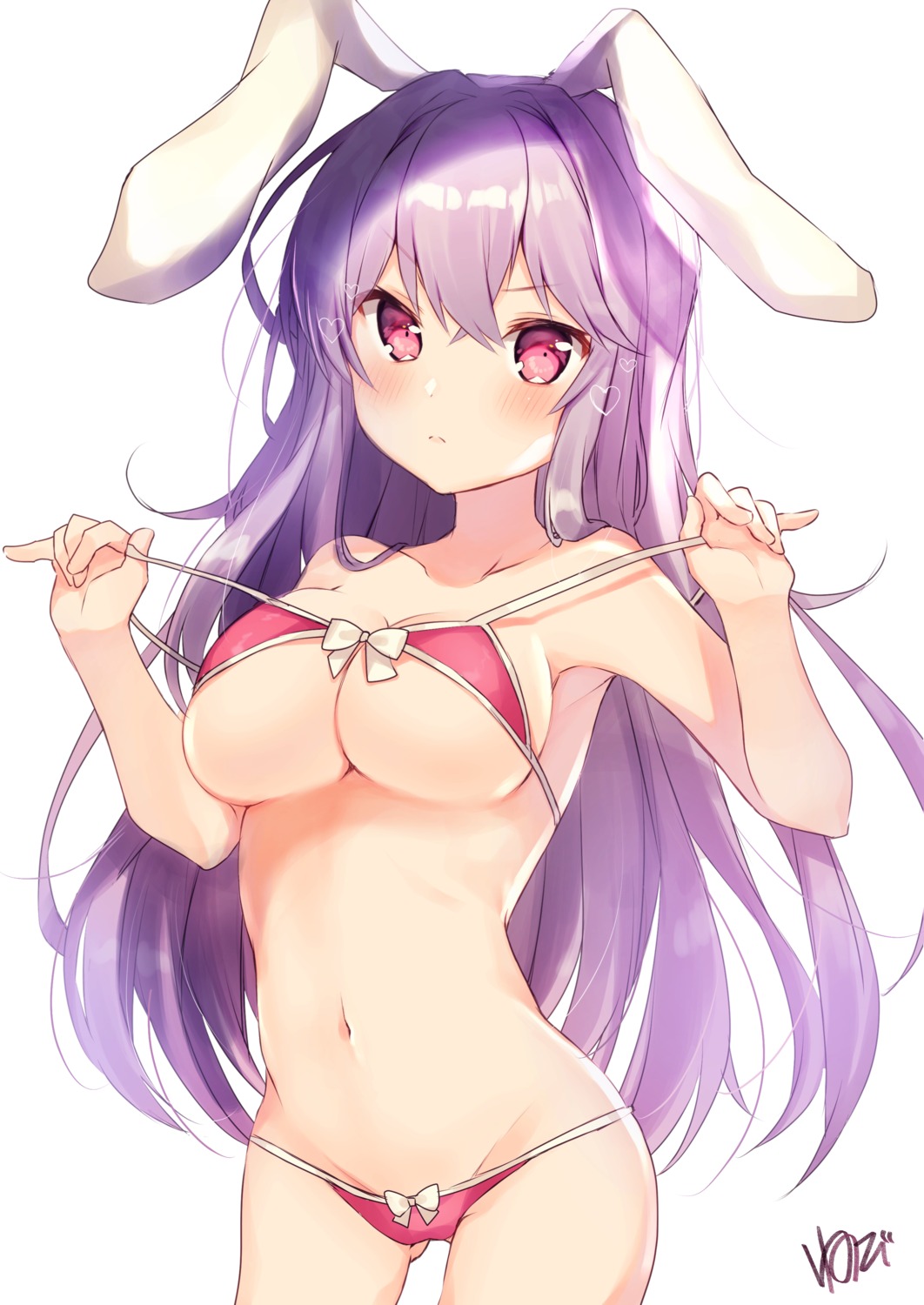 animal_ears bikini bunny_ears cleavage nenobi_(nenorium) reisen_udongein_inaba swimsuits touhou underboob undressing