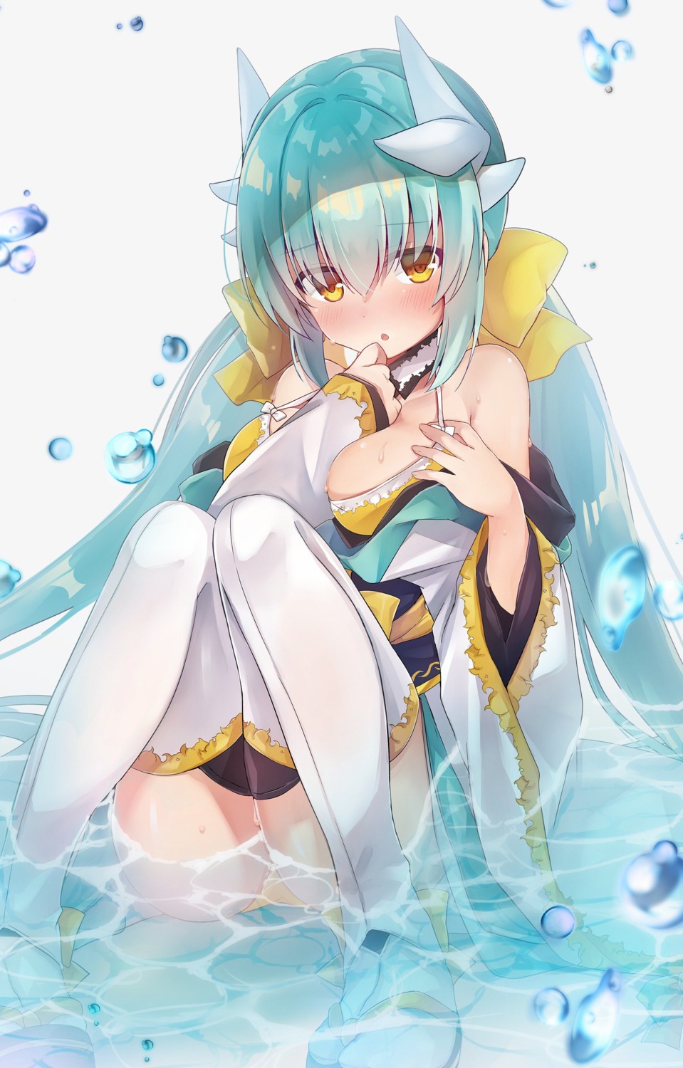 bikini breast_hold fate/grand_order horns japanese_clothes kiyohime_(fate/grand_order) nanahachi open_shirt swimsuits thighhighs wet