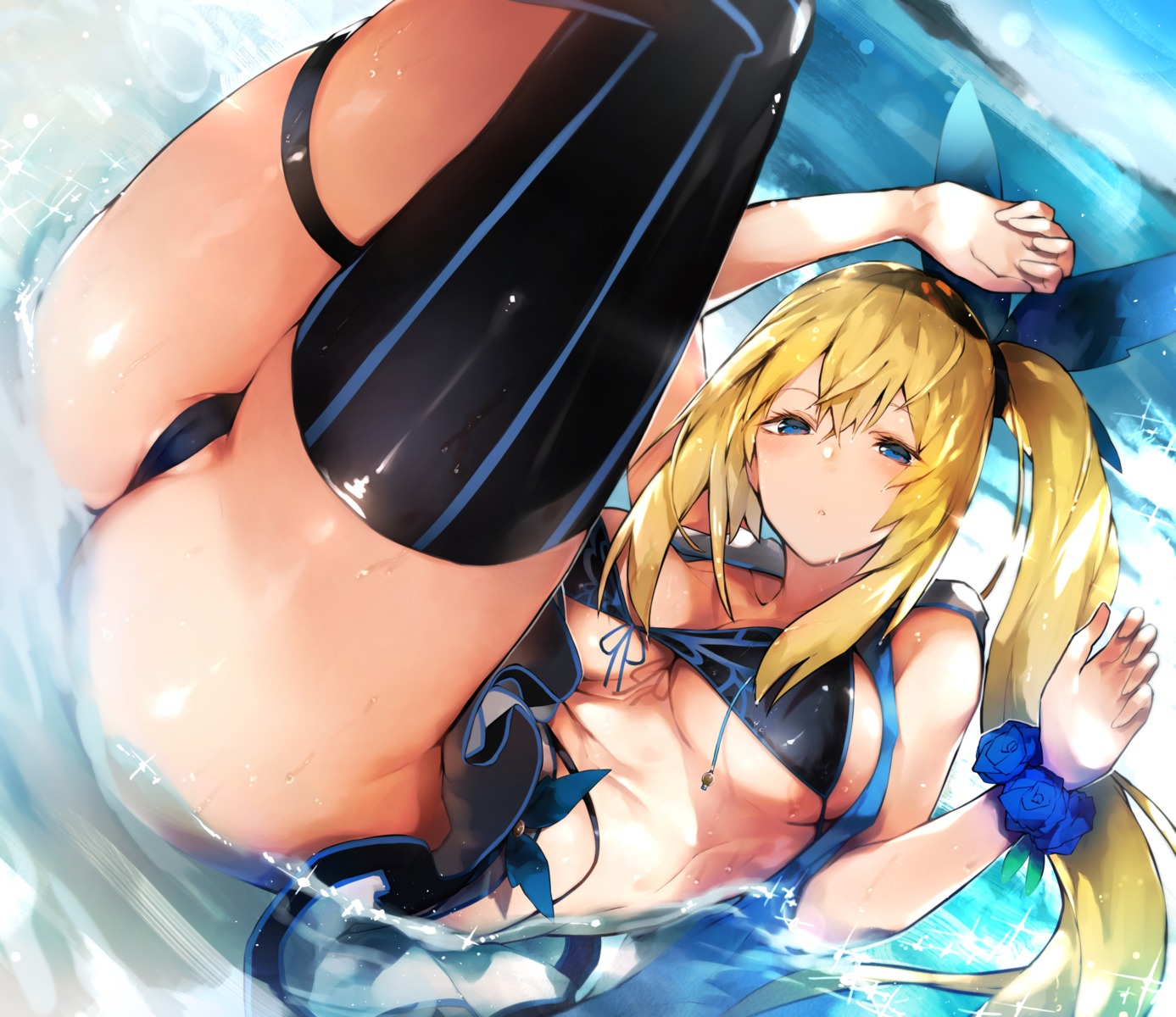 bikini cameltoe garter mirai_akari mirai_akari_project nishiide_kengorou swimsuits thighhighs thong underboob wet