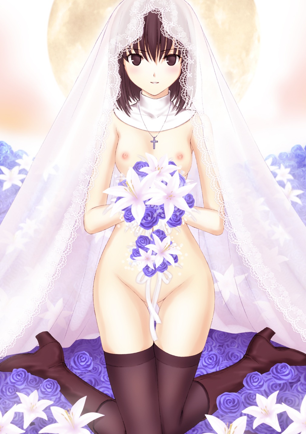 dress fusataka_shikibu kuonji_alice mahou_tsukai_no_yoru naked nipples thighhighs wedding_dress