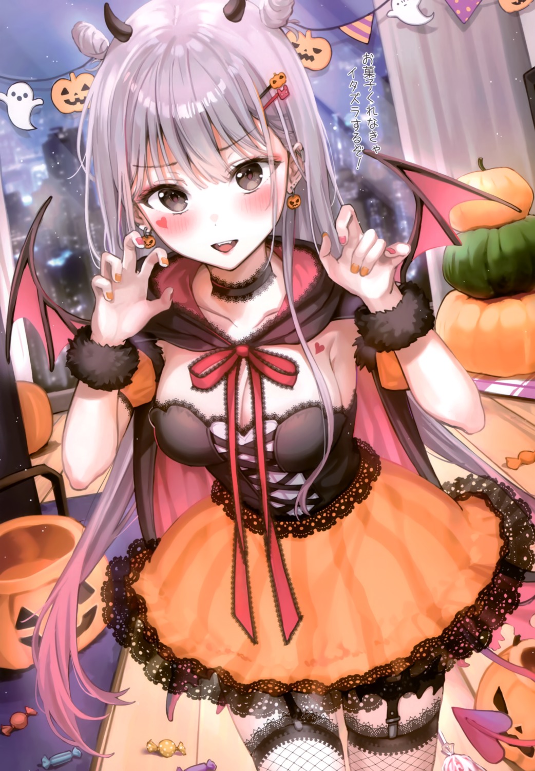 devil dress fishnets halloween horns no_bra rangu stockings tail thighhighs wings