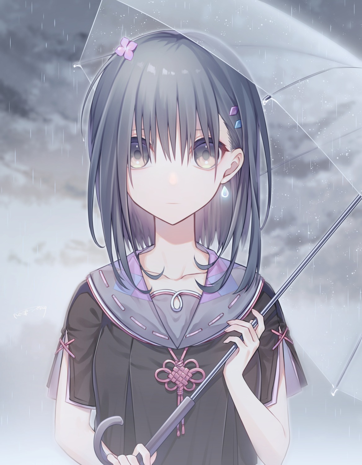 natsu_tora see_through seifuku umbrella wet_clothes