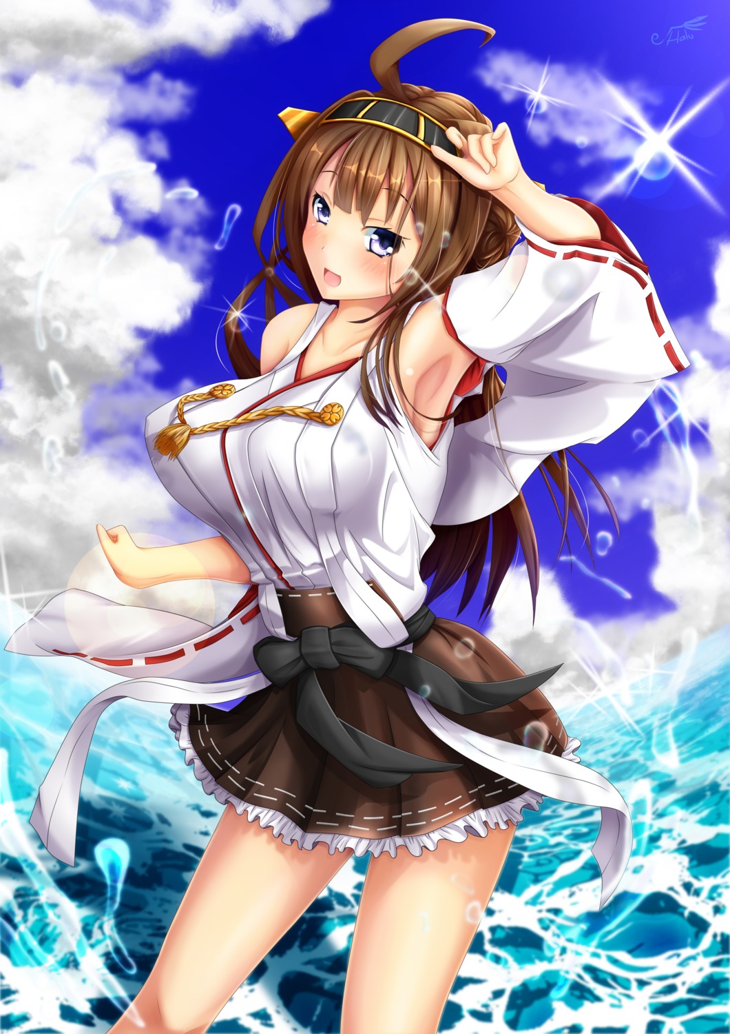 erect_nipples haru√ japanese_clothes kantai_collection kongou_(kancolle) no_bra