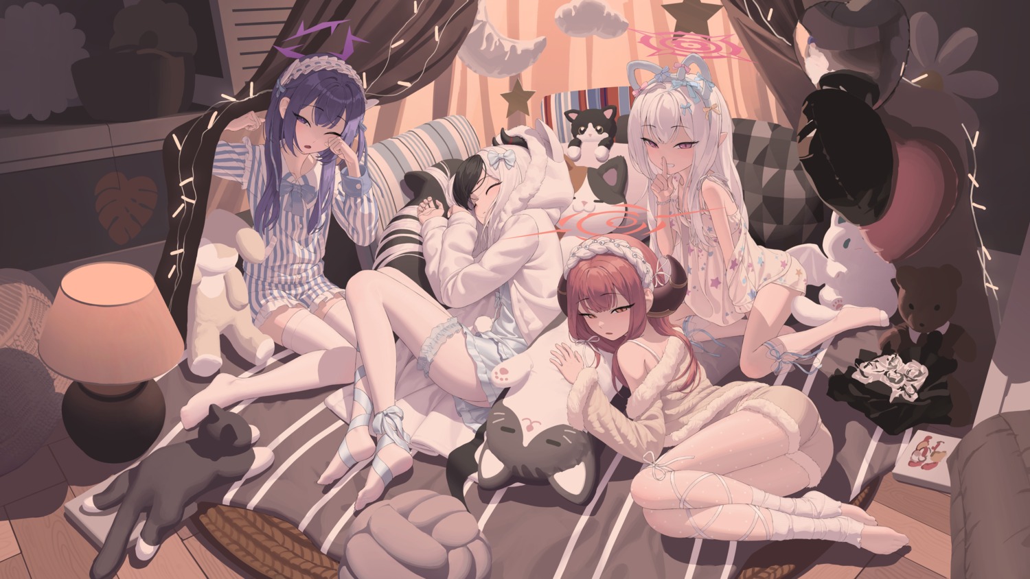 animal_ears asagi_mutsuki blue_archive garter halo horns igusa_haruka neko nekomimi onikata_kayoko pajama pantyhose pointy_ears rikuhachima_aru rui_(rei_leyi) thighhighs