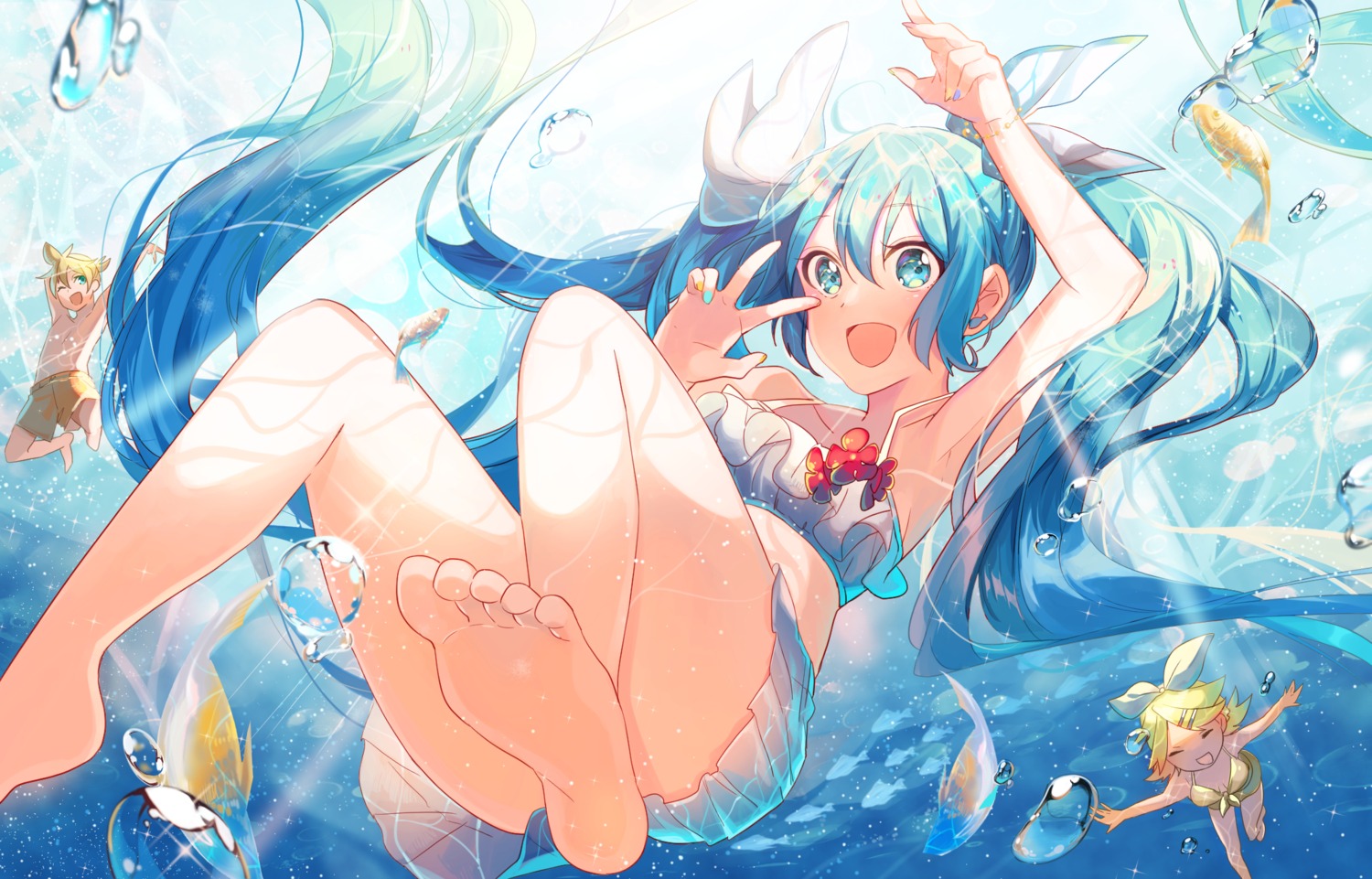 bikini cleavage feet hatsune_miku kagamine_len kagamine_rin omutatsu see_through swimsuits vocaloid