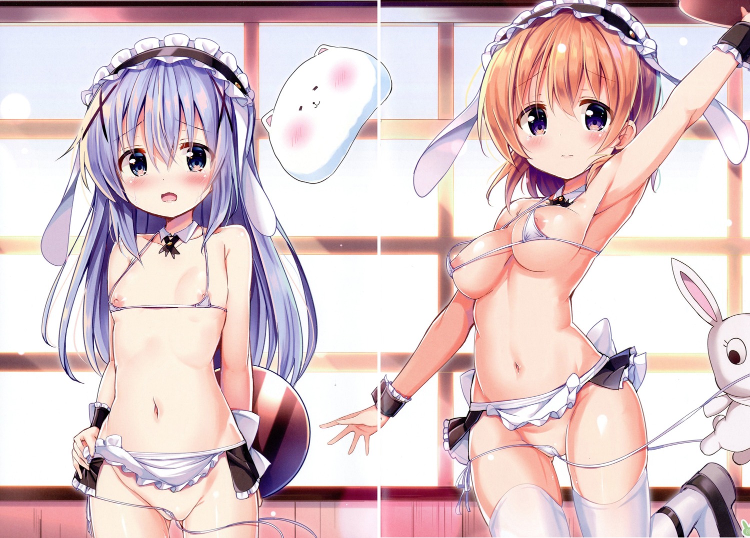 animal_ears bikini bunny_ears cameltoe gap gochuumon_wa_usagi_desu_ka? heels hoto_cocoa kafuu_chino kurou_(quadruple_zero) nipples panty_pull skirt_lift swimsuits thighhighs thong undressing wardrobe_malfunction