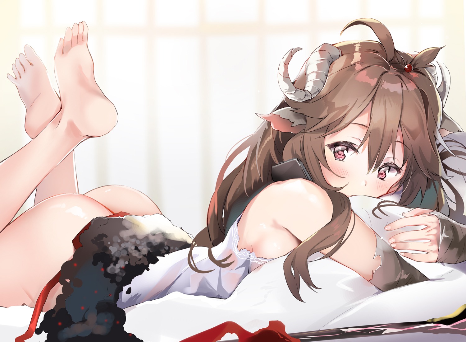 animal_ears arknights ass bottomless eyjafjalla_(arknights) feet horns togo_(korlsj1235)