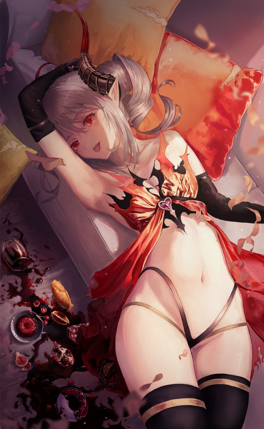 blood horns maronmokaet no_bra pantsu pointy_ears shadowverse thighhighs