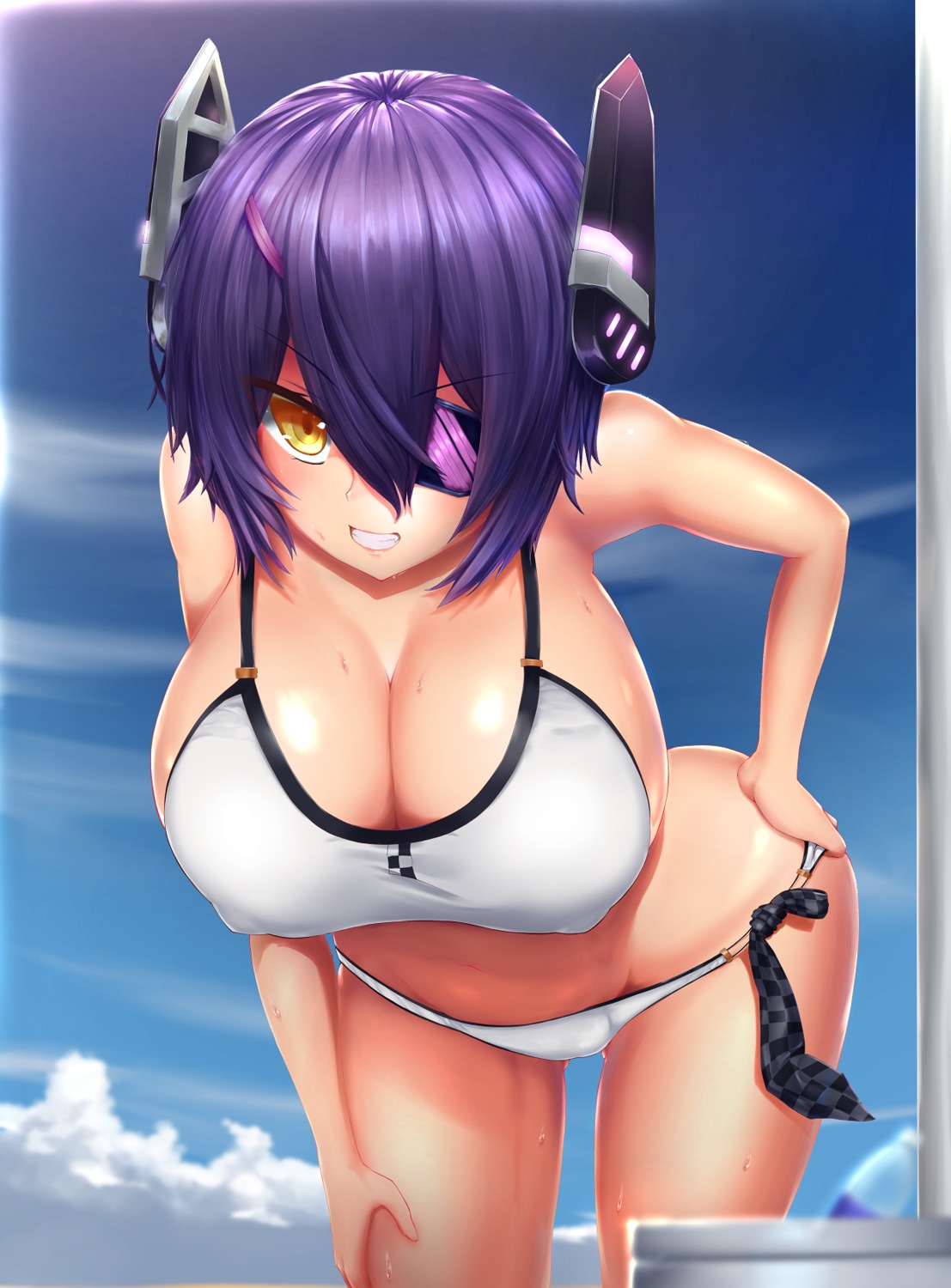 bikini cleavage erect_nipples eyepatch kantai_collection swimsuits tenryuu_(kancolle) wet yoiro