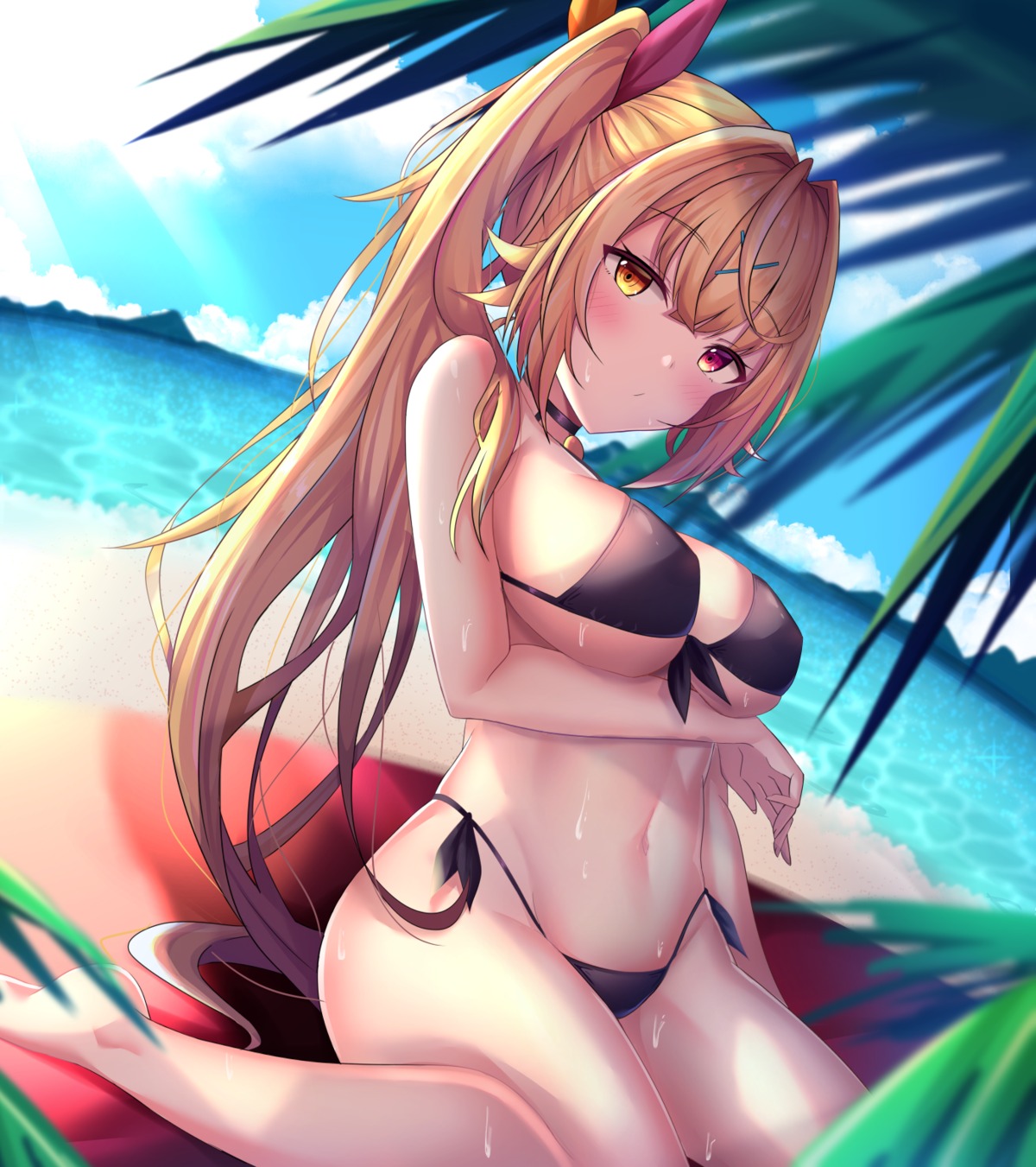 bikini breast_hold erect_nipples heterochromia hoshikawa_sara nijisanji shiki_(catbox230123) swimsuits underboob wet