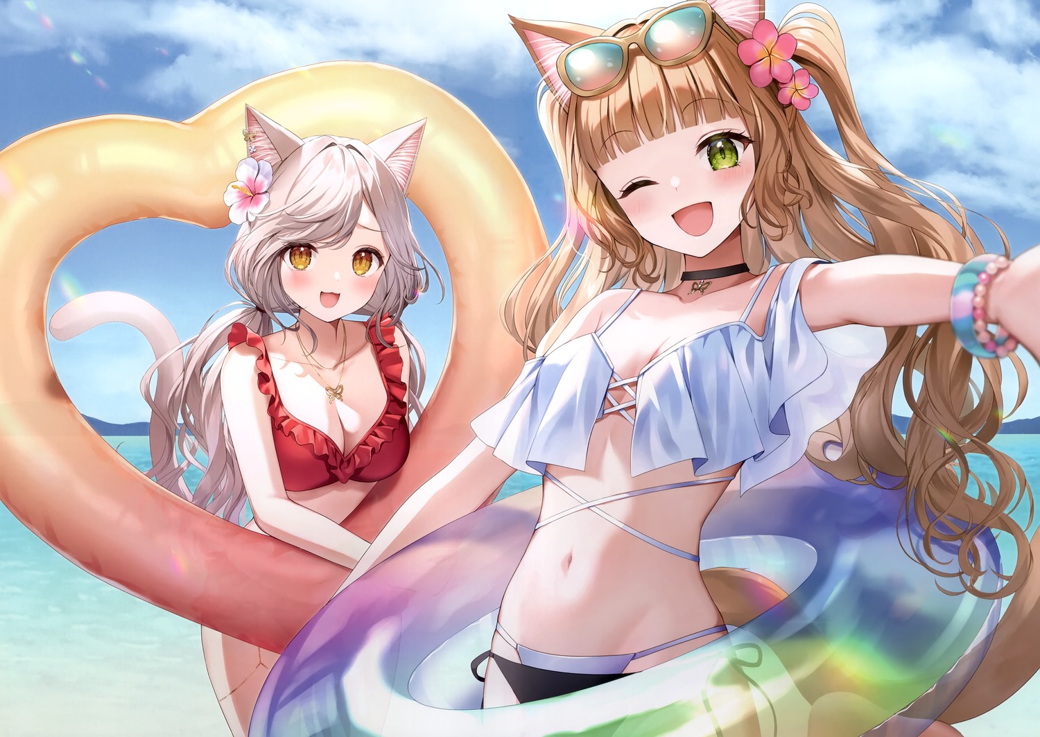 animal_ears bikini megane momoshiki_tsubaki nekomimi pitsche swimsuits tail