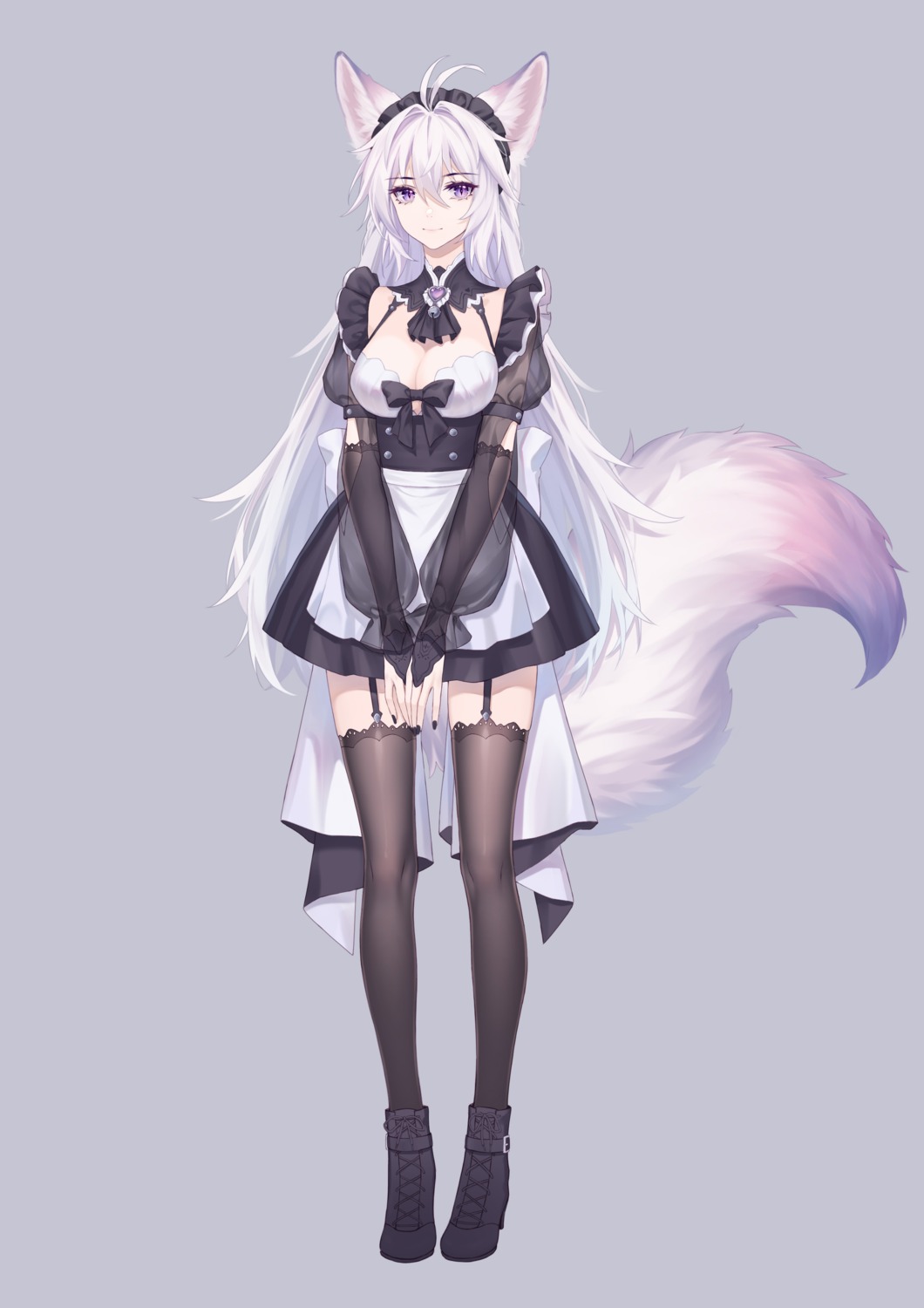 animal_ears heels kirby_d_a kitsune maid no_bra stockings tail thighhighs