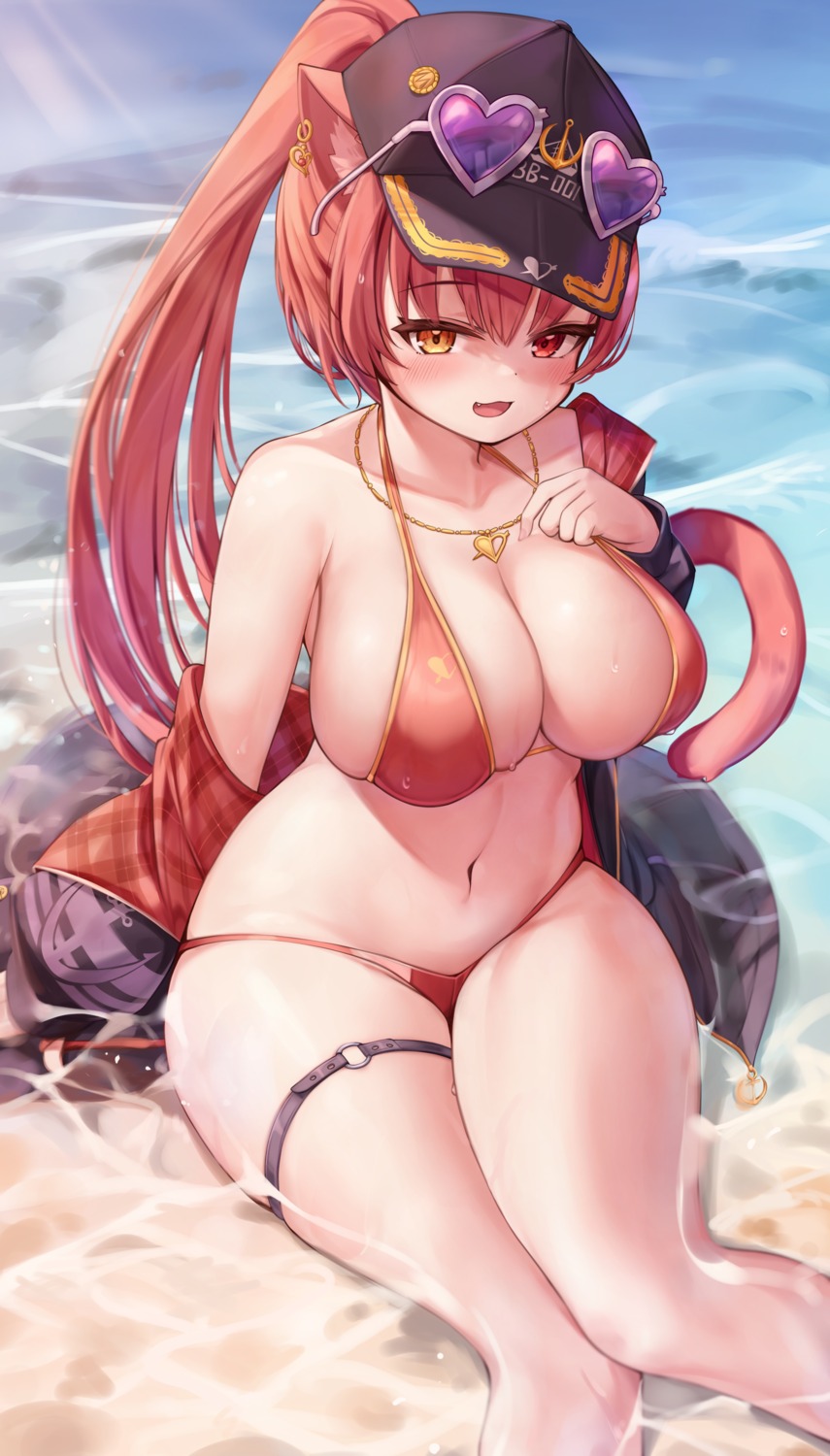 animal_ears bikini deaver garter heterochromia hololive houshou_marine megane nekomimi open_shirt swimsuits tail wet