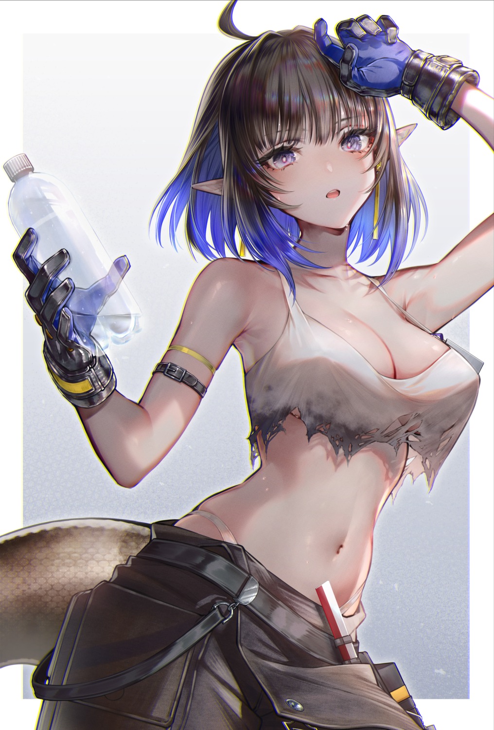 arknights eunectes_(arknights) no_bra pointy_ears sanbabasanba tail torn_clothes