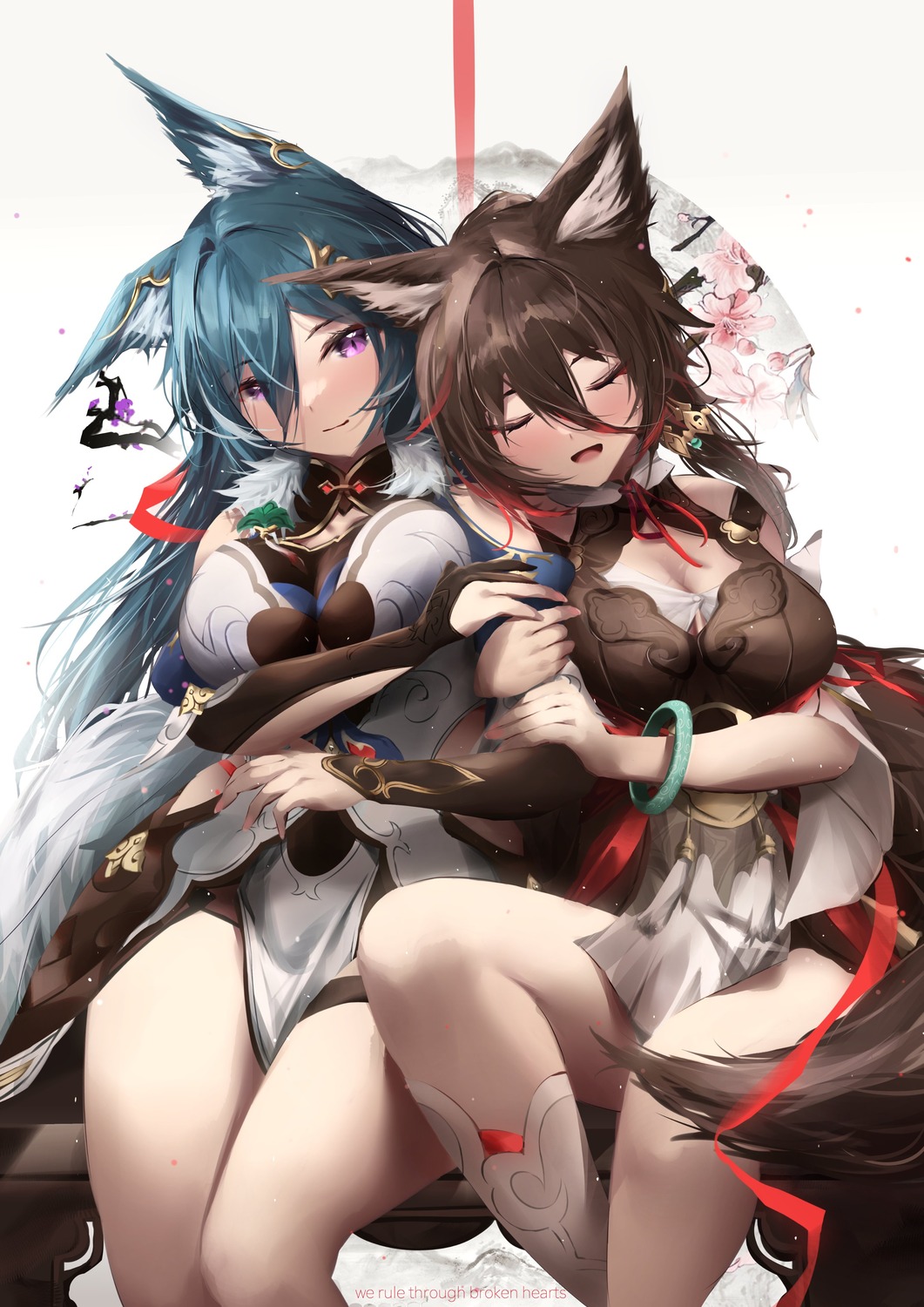 animal_ears asian_clothes cleavage garter honkai:_star_rail kagi_(dicedkey) tail tingyun yukong yuri