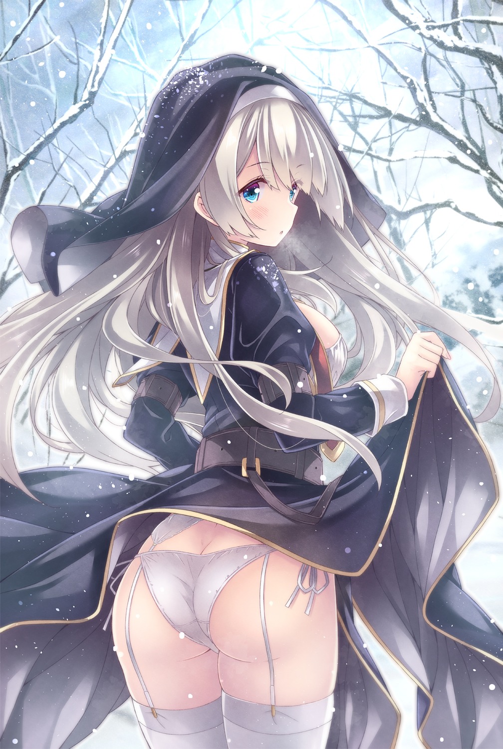 ass bra nun open_shirt pantsu ryo_(botsugo) skirt_lift stockings string_panties thighhighs