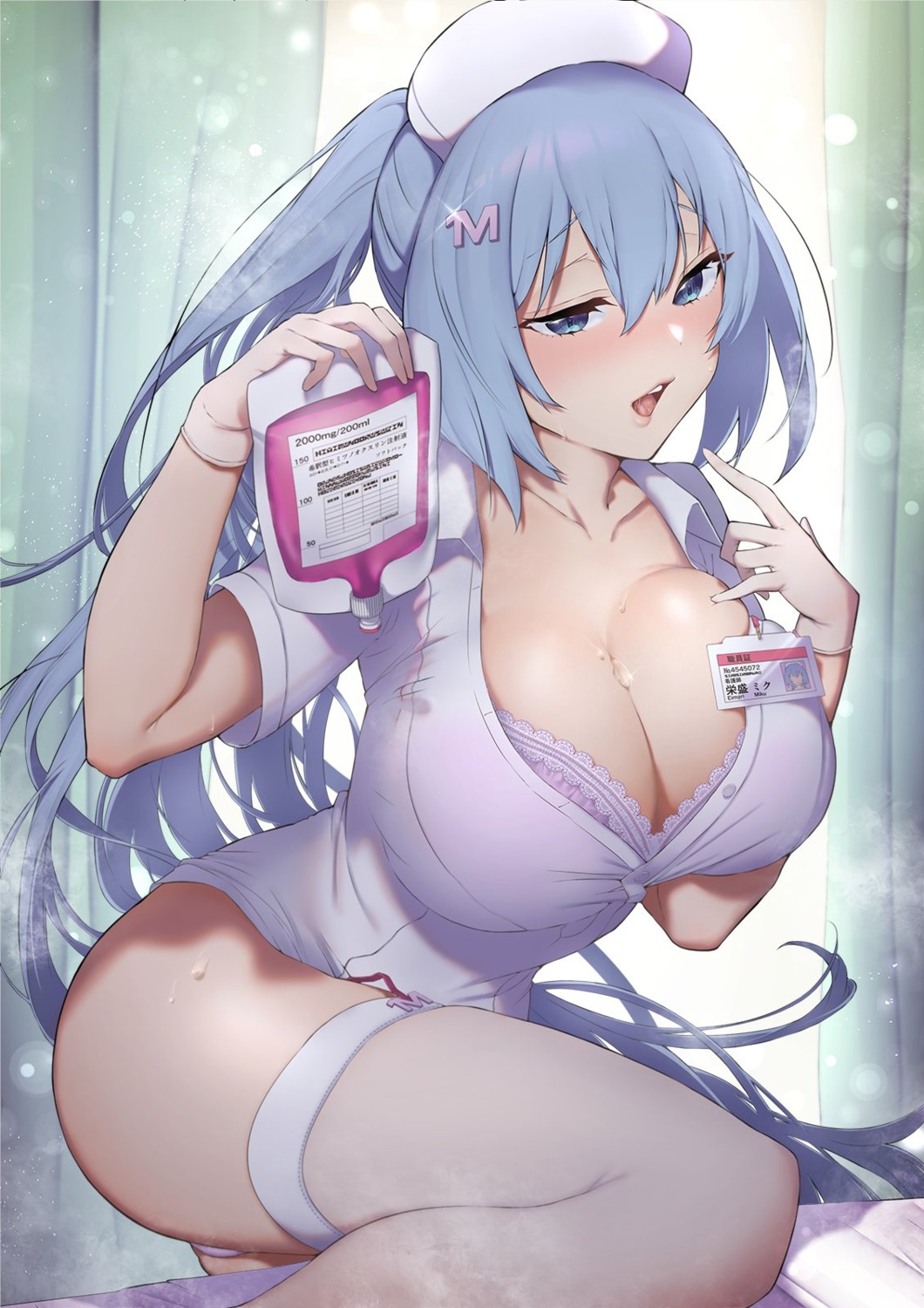 bra cleavage emori_miku emori_miku_project karinto_yamada nurse open_shirt pantsu skirt_lift stockings thighhighs thong