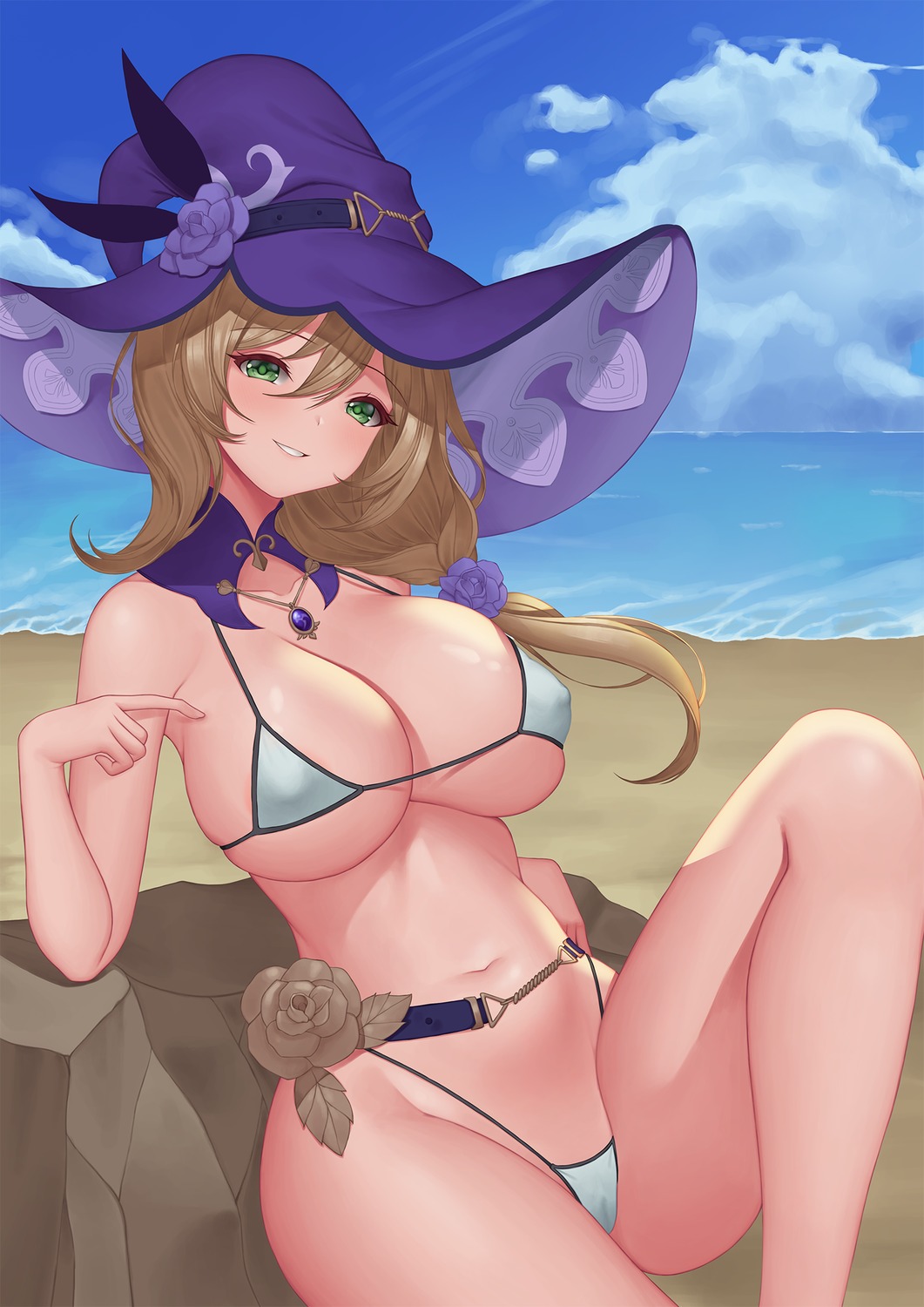 bikini cameltoe erect_nipples genshin_impact lisa_(genshin_impact) pinkcap swimsuits witch