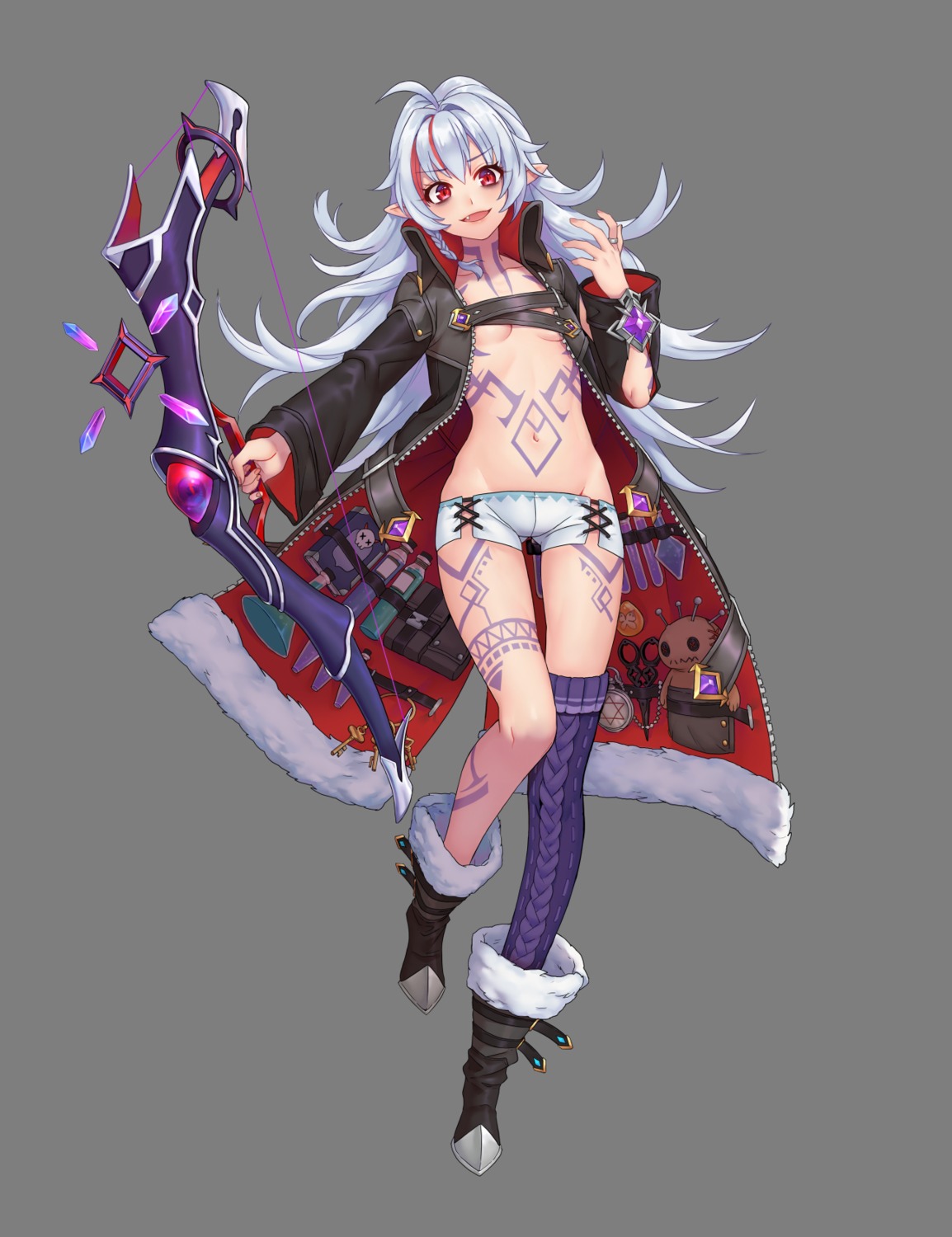 lunapri no_bra open_shirt pointy_ears tagme tattoo thighhighs transparent_png weapon