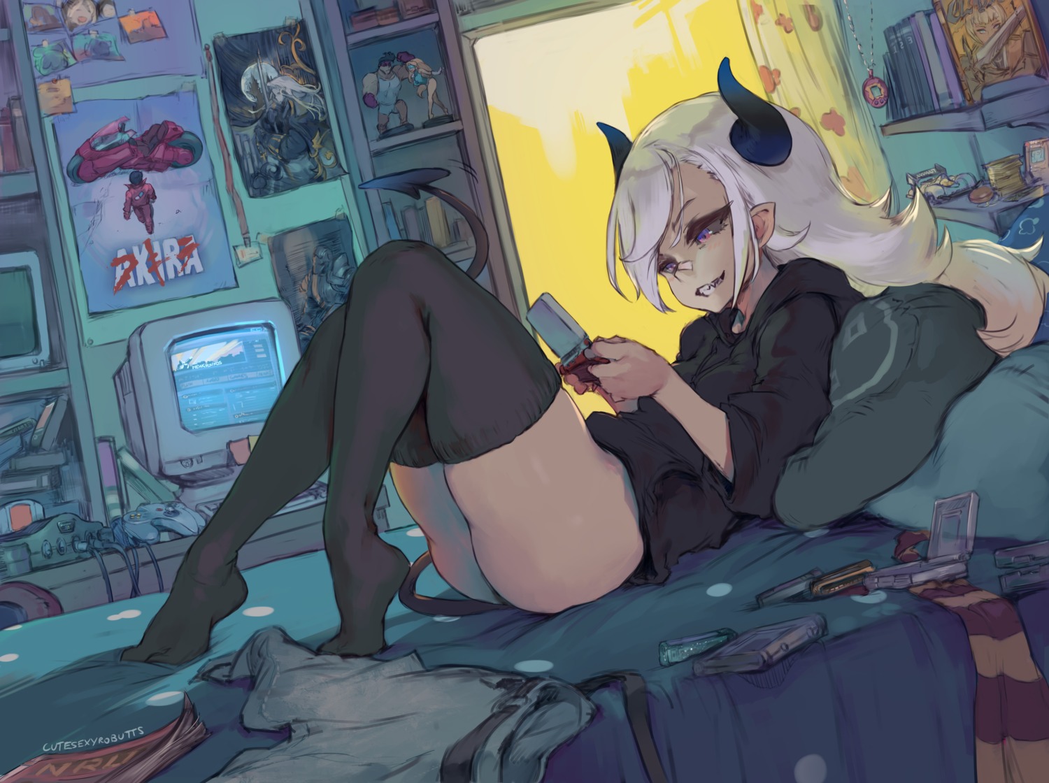 bottomless cutesexyrobutts horns pointy_ears tail thighhighs