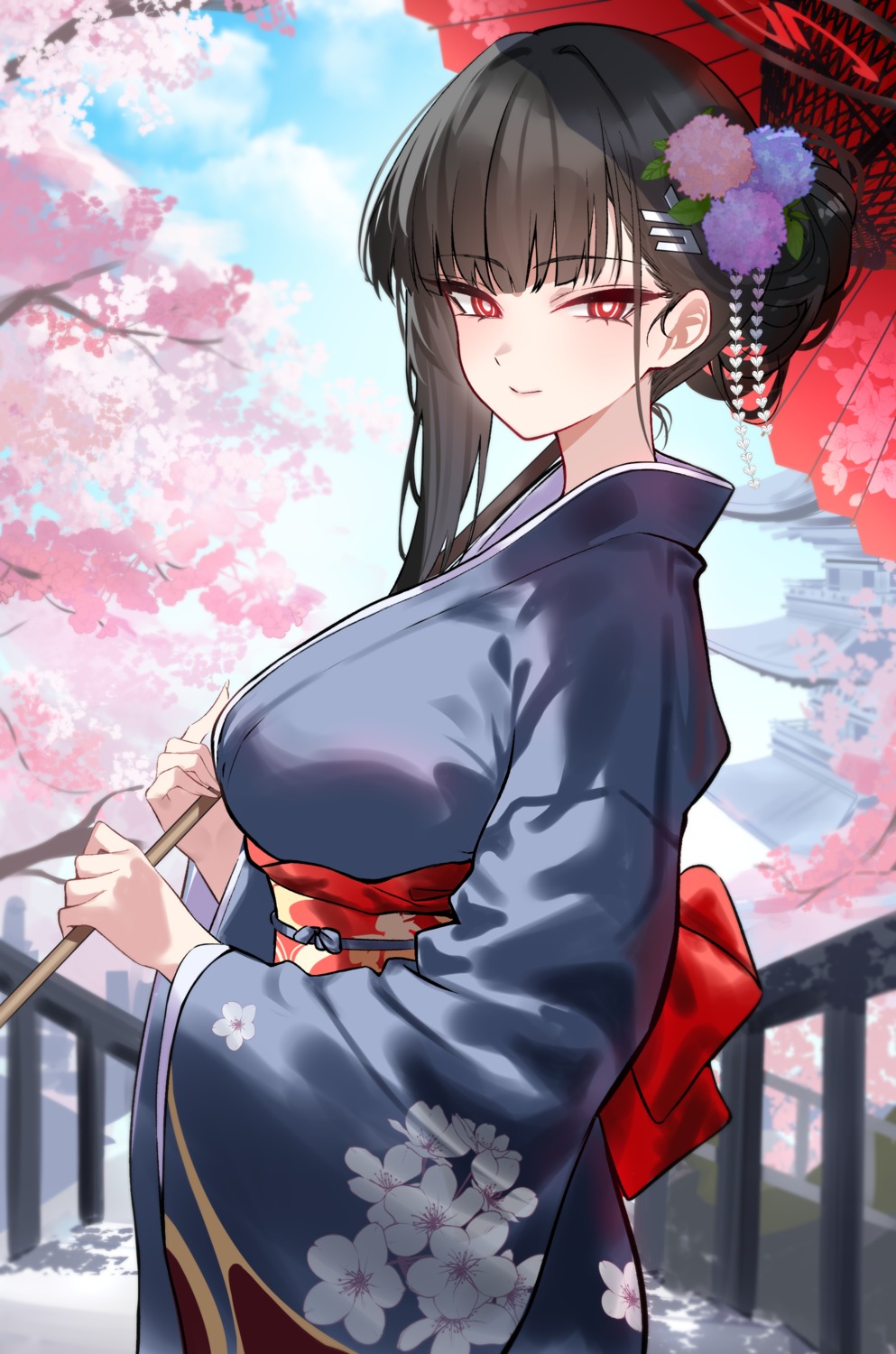 blue_archive halo kimono shigure tsukatsuki_rio umbrella