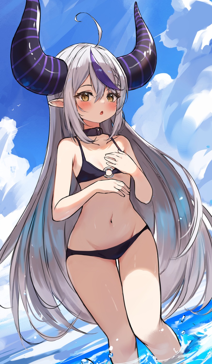 bikini breast_hold cleavage hololive horns la+_darknesss orobou pointy_ears swimsuits wet