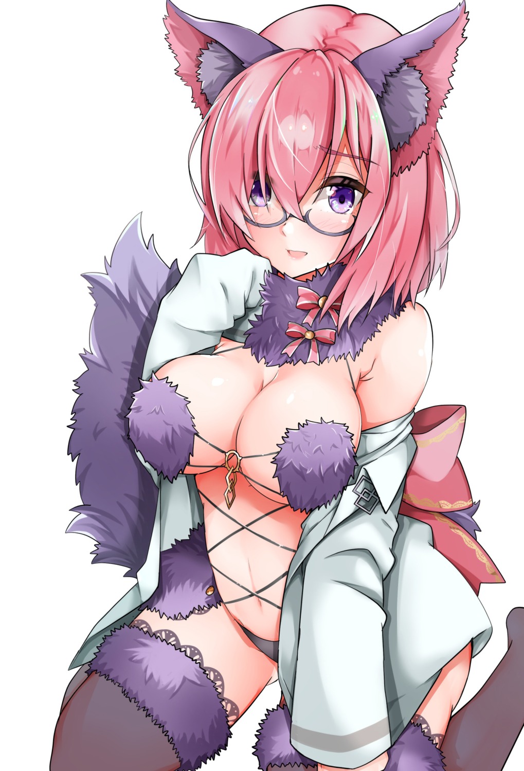 animal_ears fate/grand_order mash_kyrielight megane open_shirt pantsu sezoku tail thighhighs