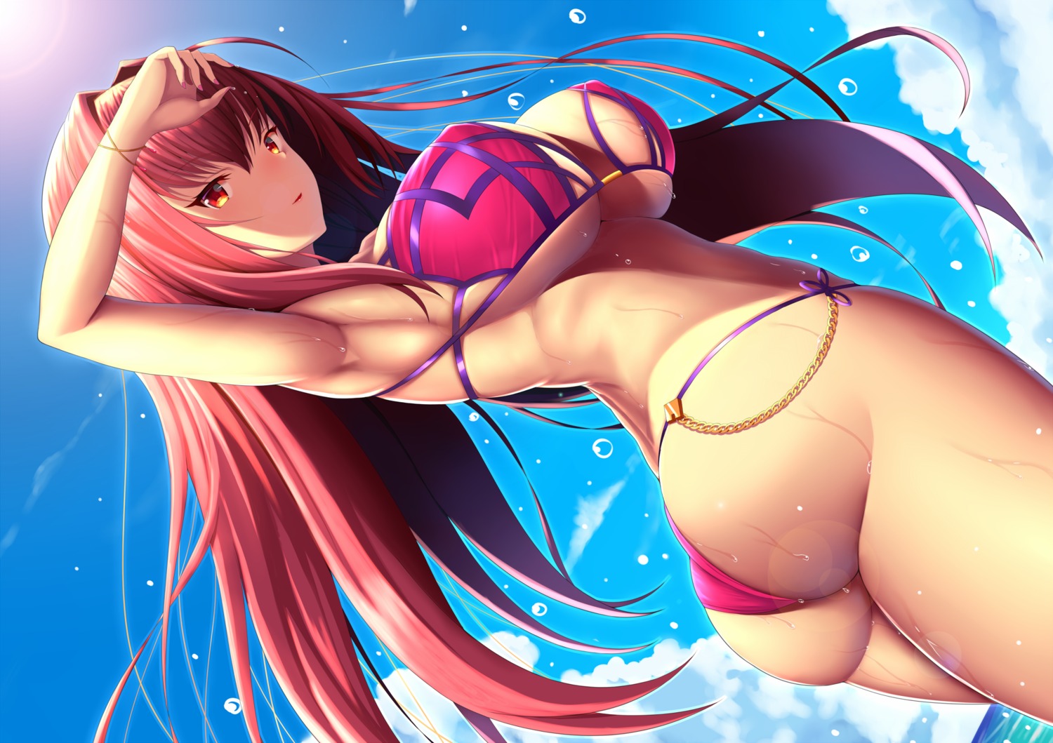 ass bikini erect_nipples fate/grand_order scathach_(fate/grand_order) swimsuits thong wet zukky