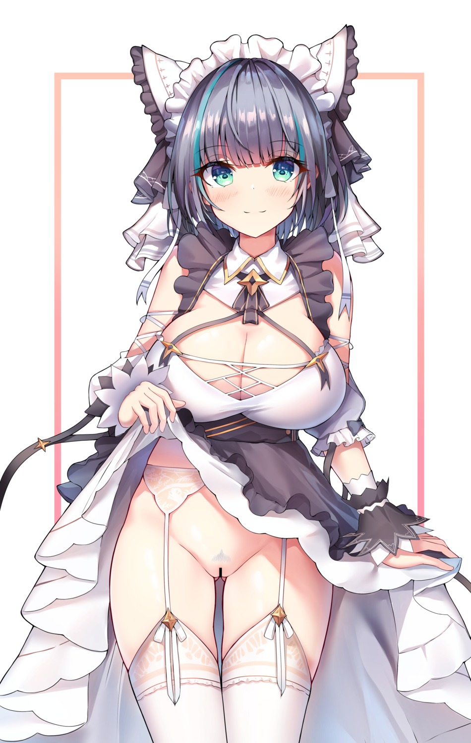 azur_lane censored cheshire_(azur_lane) cleavage garter_belt maid nopan pubic_hair pussy skirt_lift sob_(submar1089) stockings thighhighs