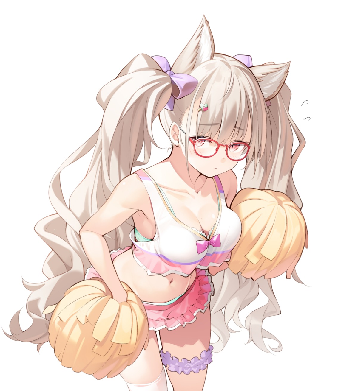 animal_ears cheerleader cleavage garter megane nekomu thighhighs