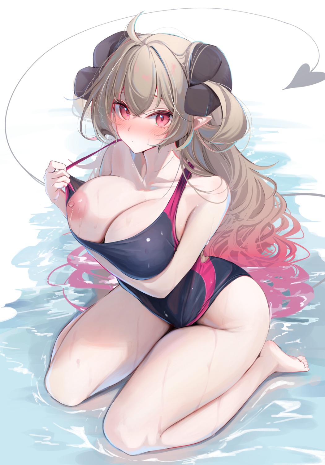 breast_hold breasts devil horns komupi nipples pointy_ears swimsuits tail undressing wet