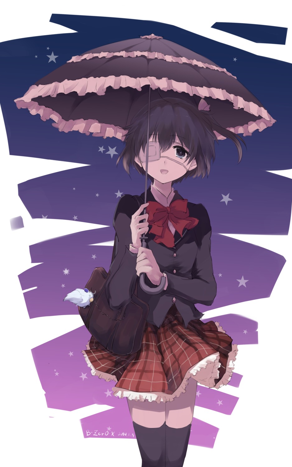 bzerox chuunibyou_demo_koi_ga_shitai! eyepatch seifuku takanashi_rikka thighhighs umbrella