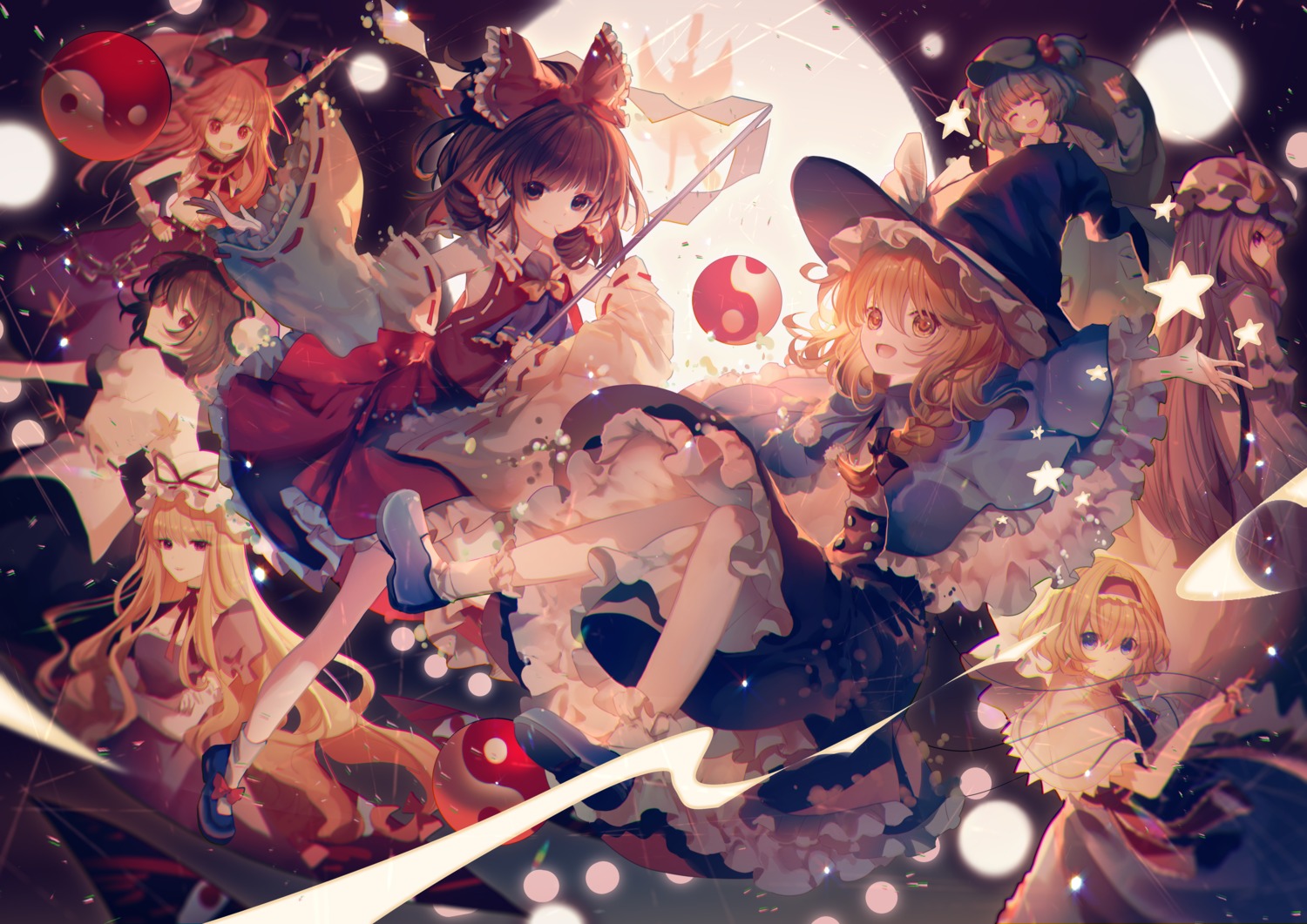 alice_margatroid dress hakurei_reimu horns ibuki_suika kawashiro_nitori kirisame_marisa miko patchouli_knowledge shameimaru_aya skirt_lift touhou witch yakumo_yukari yasato