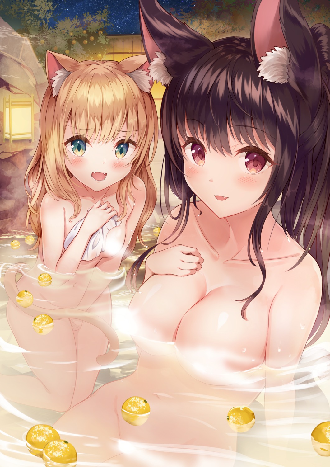 animal_ears bathing censored naked nekomimi onsen sakura_ani tail towel wet