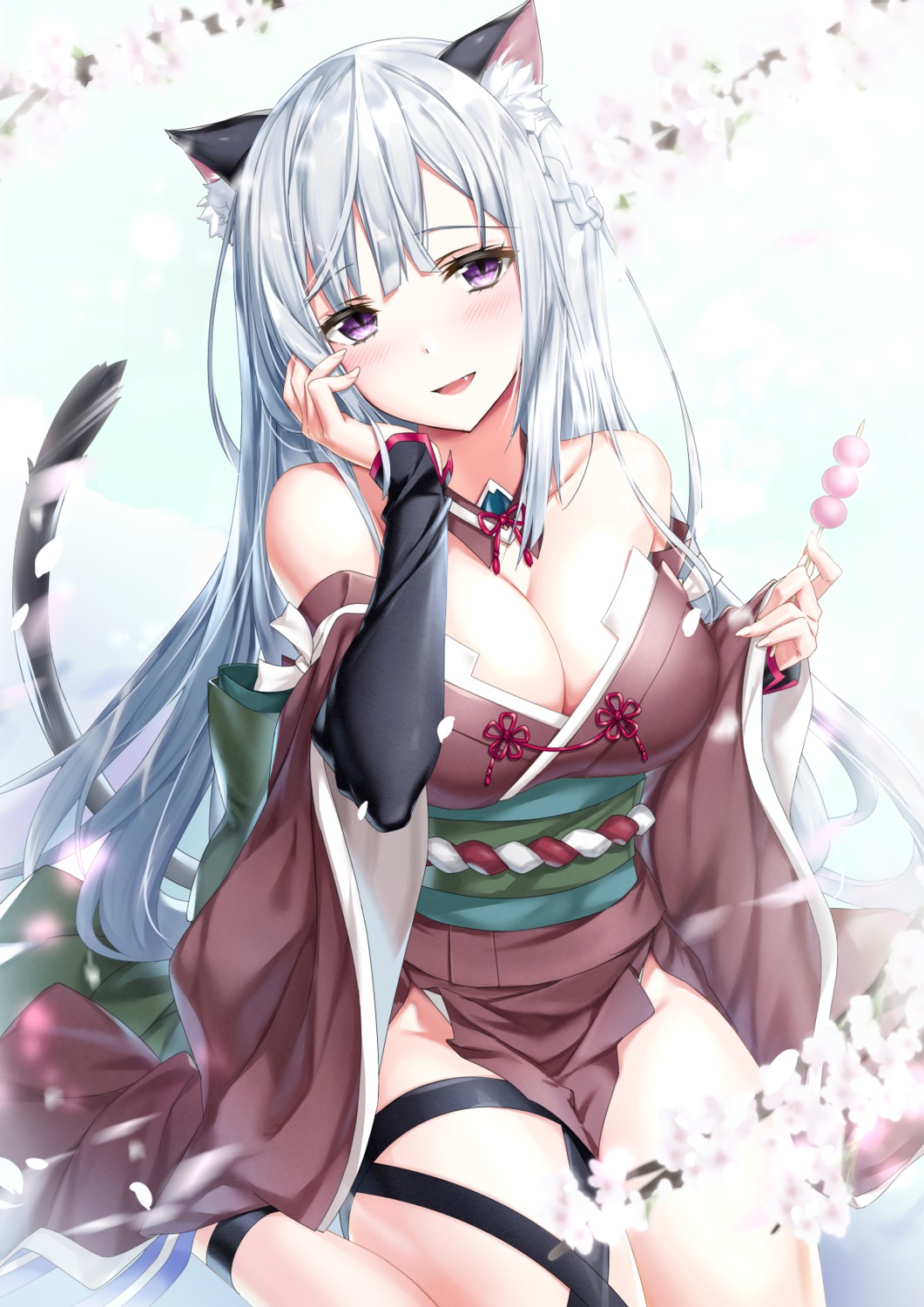 animal_ears cleavage garter japanese_clothes kyariko nekomimi no_bra tail