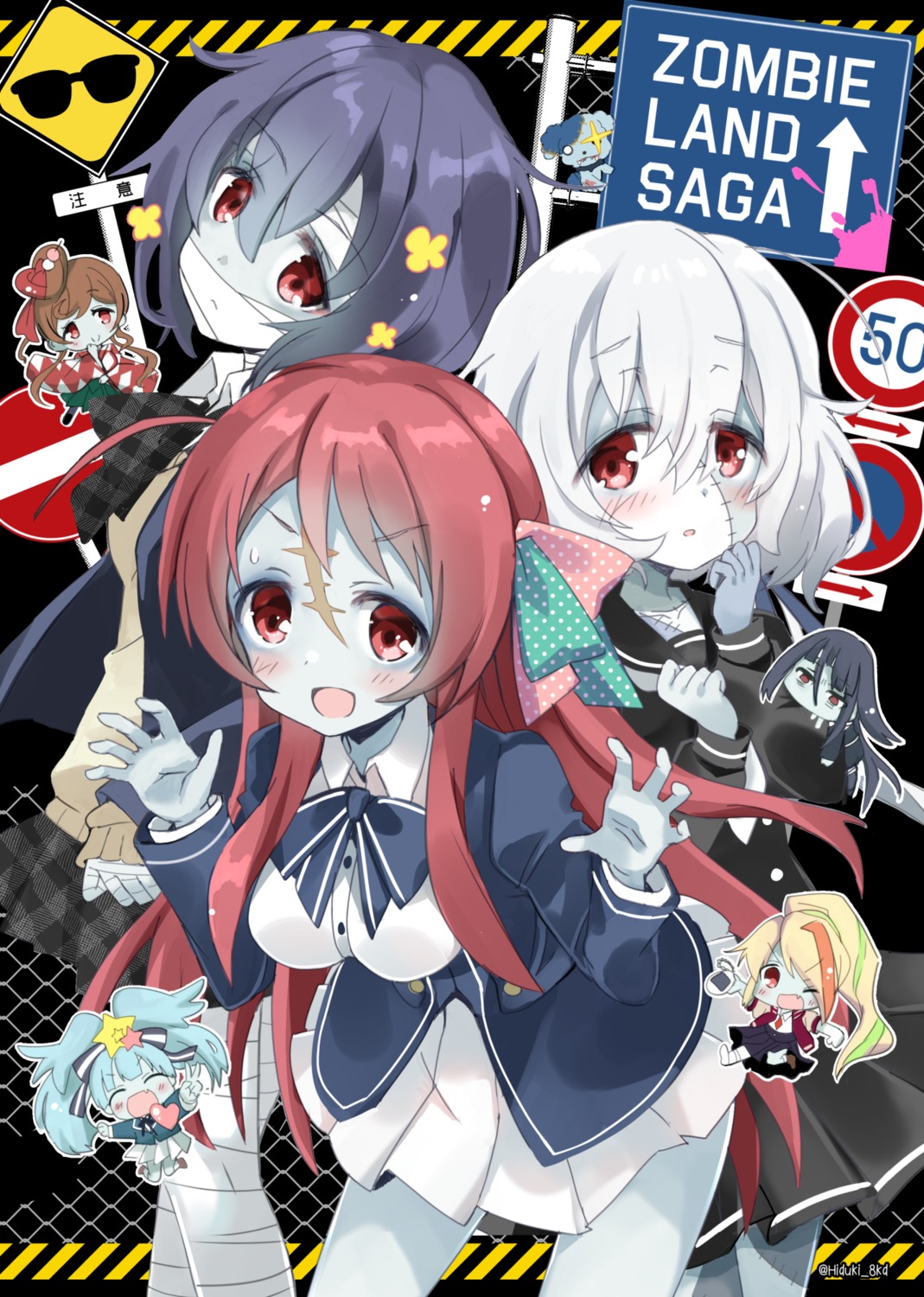 bandages chibi hizuki_yayoi hoshikawa_lily japanese_clothes konno_junko minamoto_sakura mizuno_ai nikaido_saki seifuku yamada_tae yuugiri_(zombieland_saga) zombieland_saga