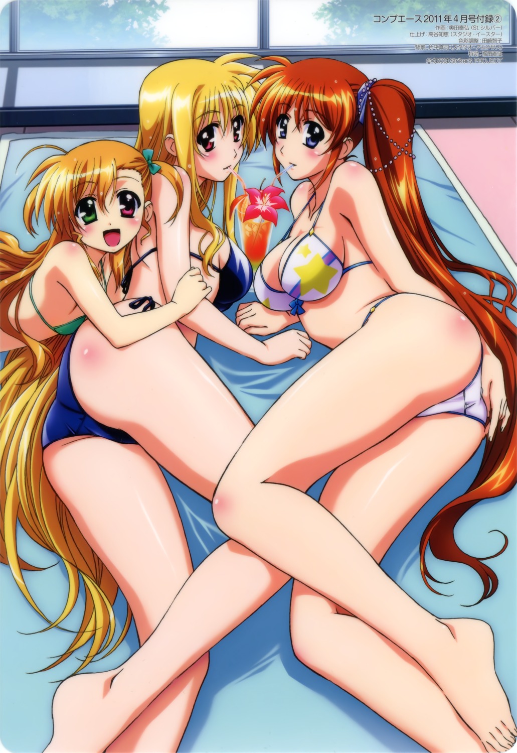 ass bikini cleavage fate_testarossa heterochromia mahou_shoujo_lyrical_nanoha mahou_shoujo_lyrical_nanoha_strikers okuda_yasuhiro swimsuits takamachi_nanoha vivio