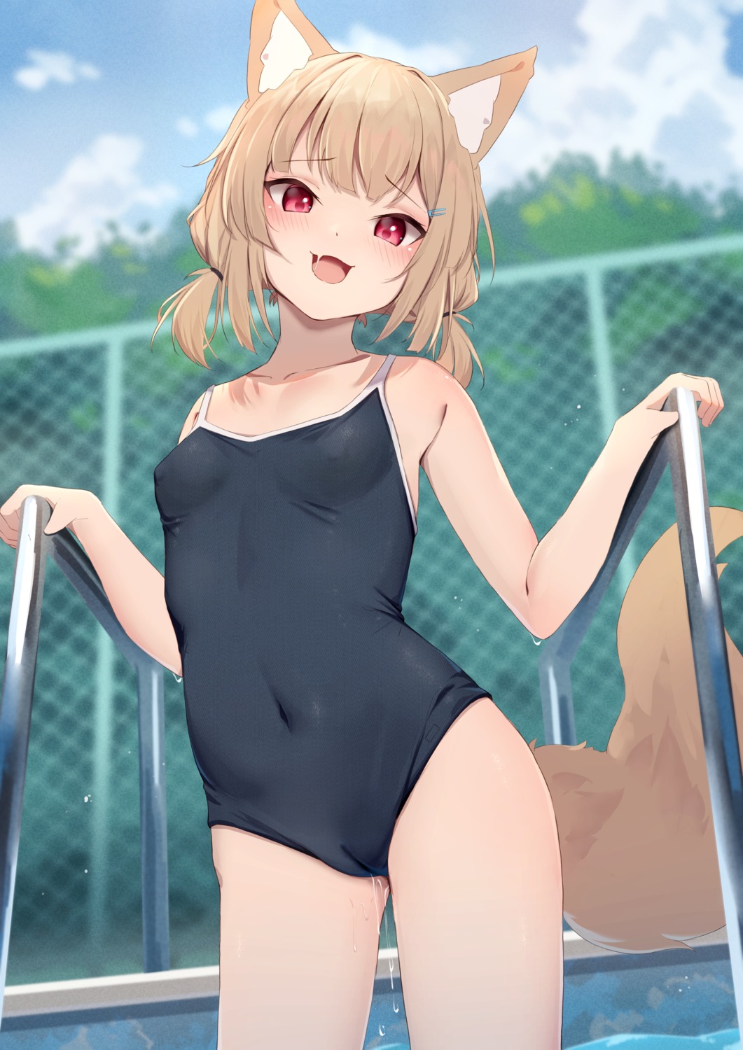 animal_ears cameltoe hinata_(pixiv53862745) kitsune loli school_swimsuit swimsuits tail wet