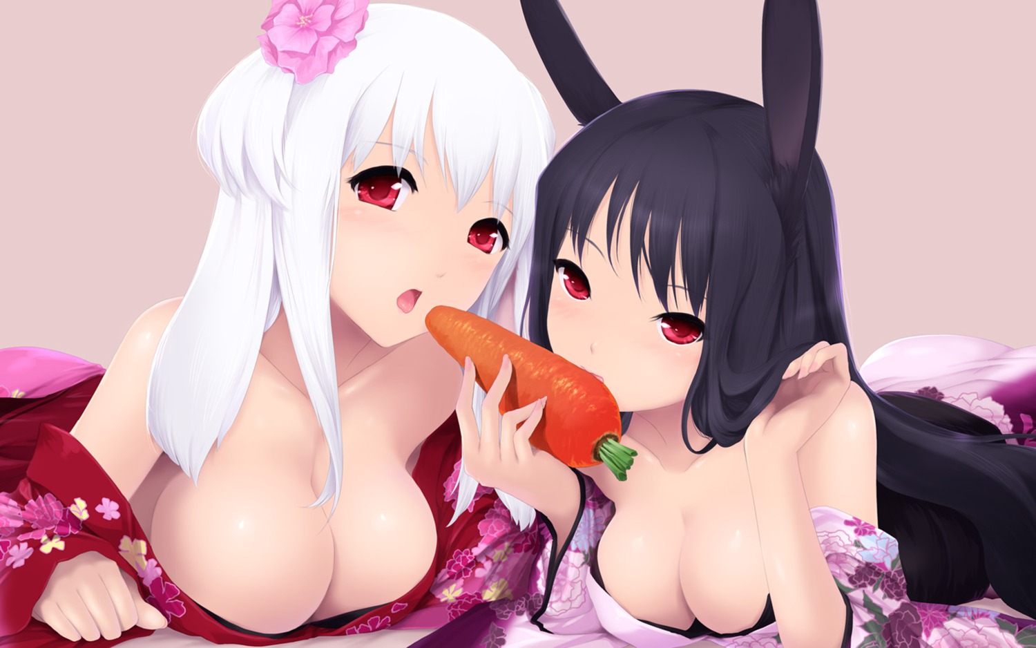 animal_ears bunny_ears bunny_girl cait cleavage japanese_clothes jpeg_artifacts no_bra wallpaper
