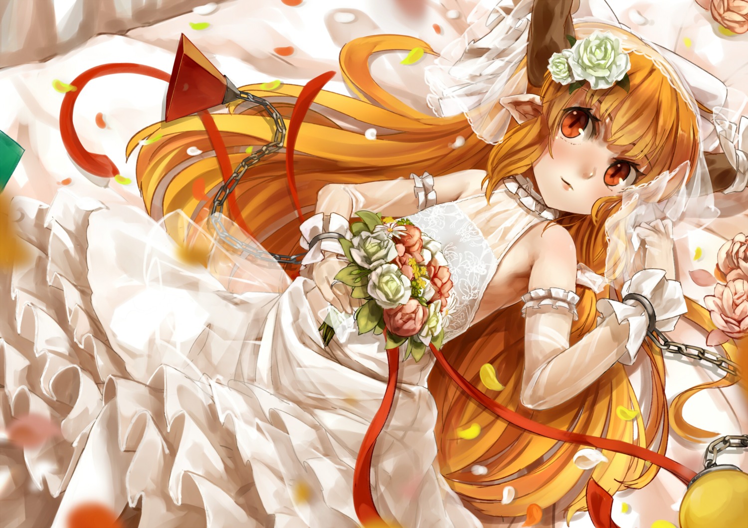 dress horns ibuki_suika nishiuri pointy_ears touhou wedding_dress