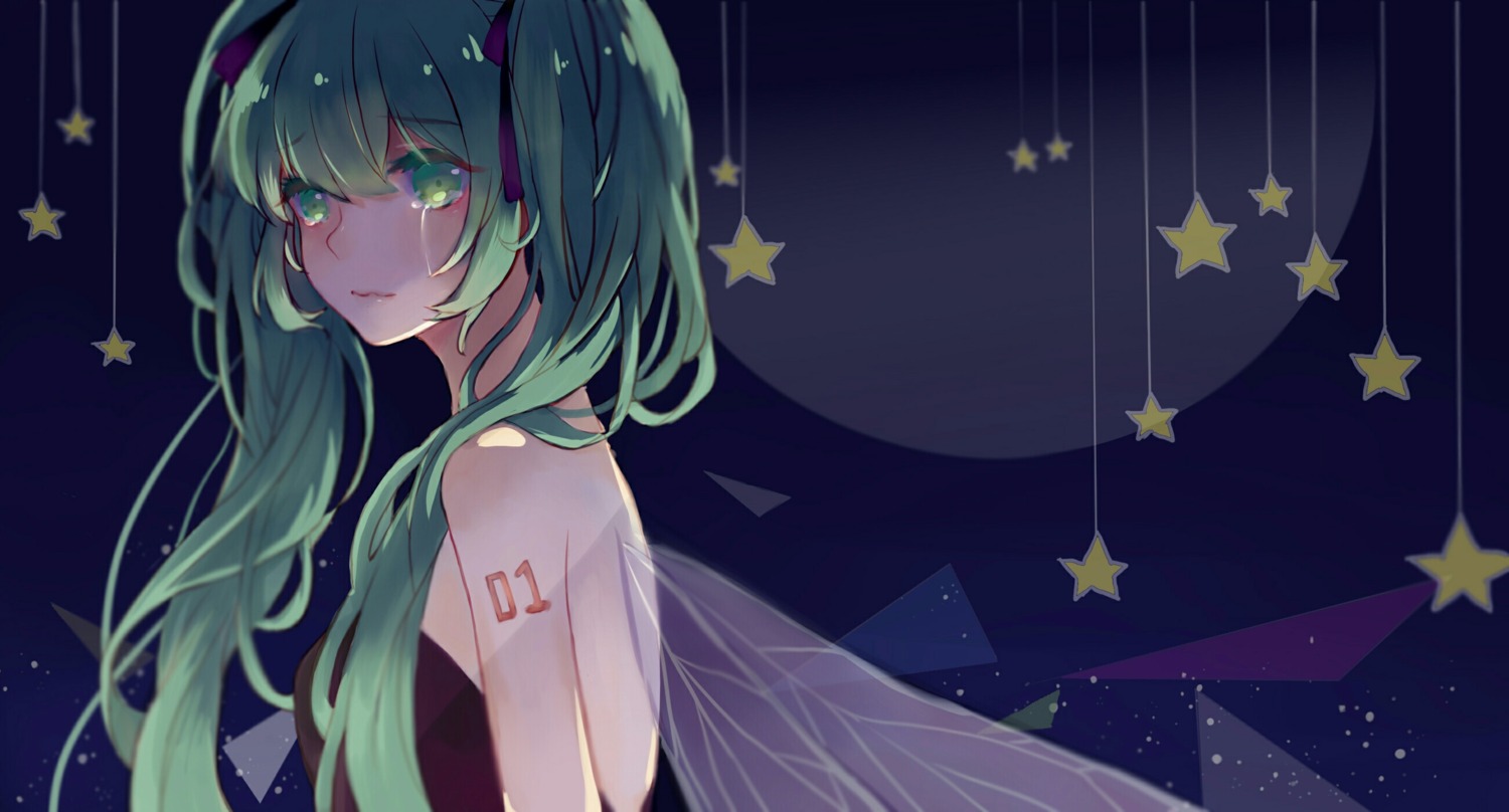 ffan hatsune_miku no_bra tattoo vocaloid wallpaper wings