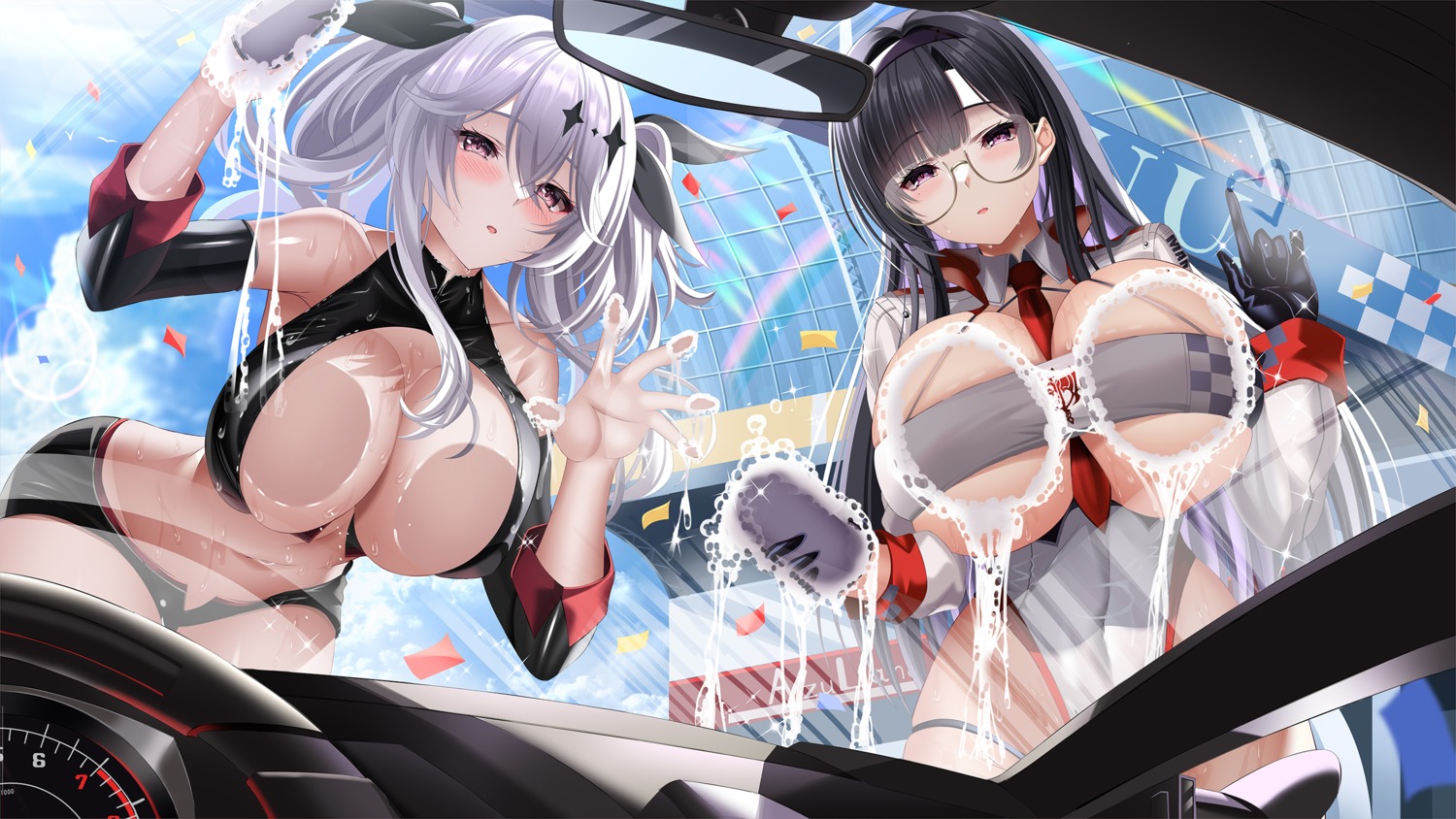 azur_lane dupleix_(azur_lane) garter joffre_(azur_lane) megane no_bra wet yuuzuki_hijiri