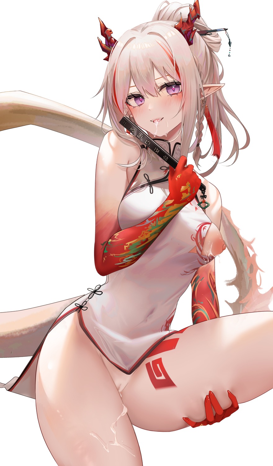 arknights chinadress cum horns nian_(arknights) nipples no_bra nopan pointy_ears pussy ru_zhai skirt_lift tail tattoo torn_clothes uncensored