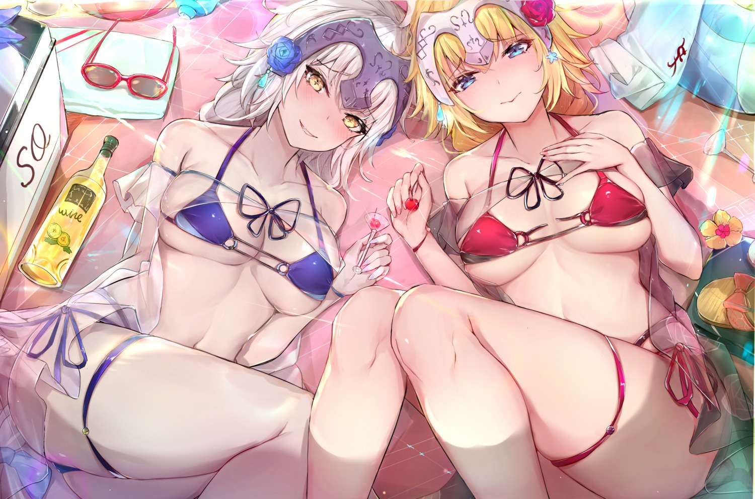 artist_revision bikini breast_hold fate/grand_order garter jeanne_d'arc jeanne_d'arc_(alter)_(fate) jeanne_d'arc_(fate) open_shirt see_through sherryqq swimsuits