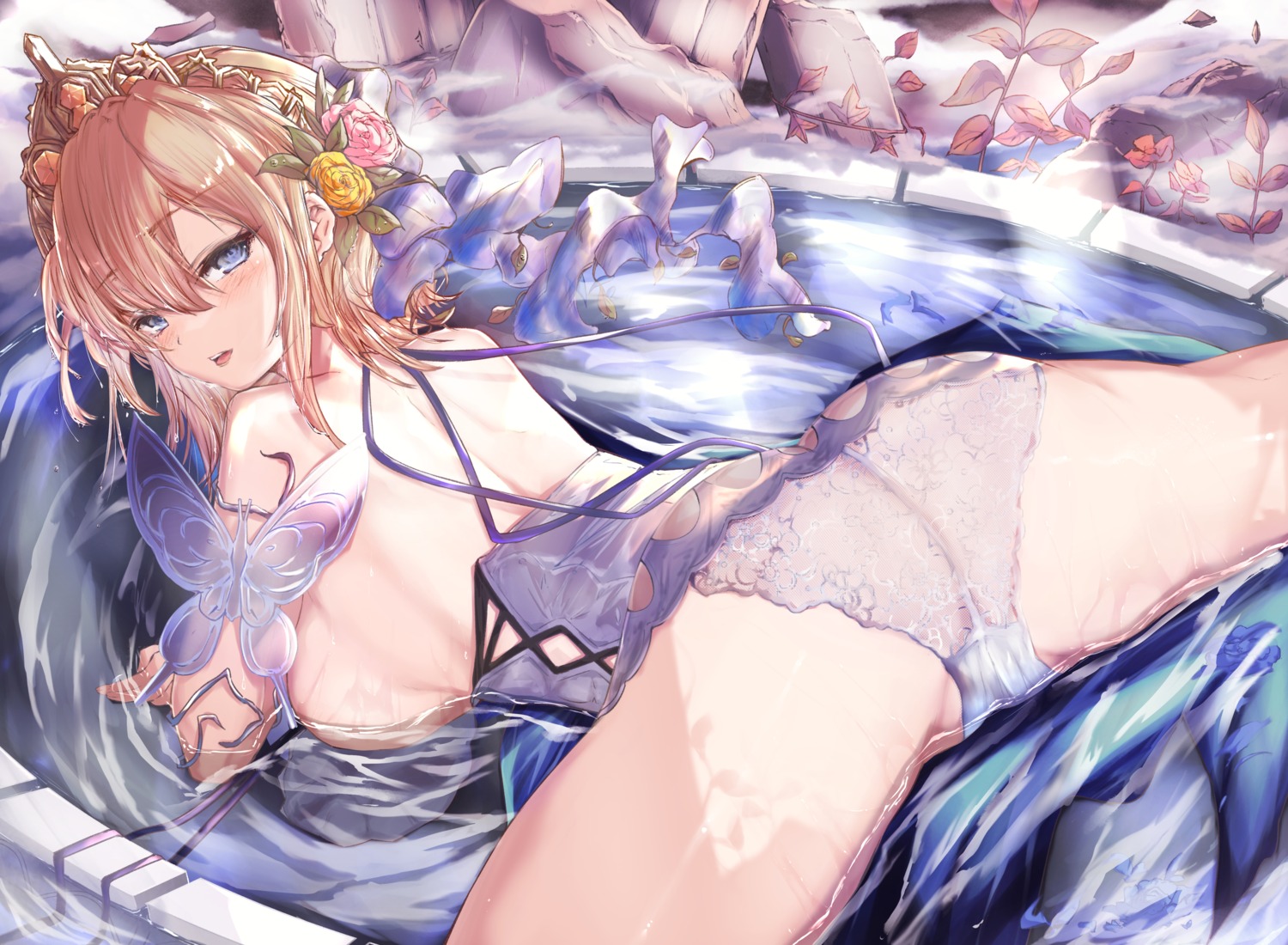 ass breasts dress europa_(granblue_fantasy) granblue_fantasy mathiamo13 no_bra pantsu see_through skirt_lift wet wet_clothes