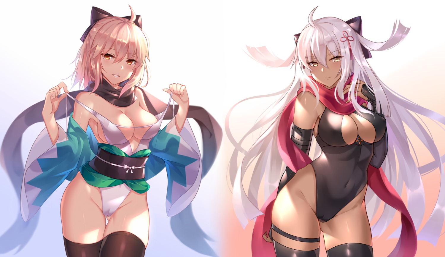 black_fire cameltoe fate/grand_order garter okita_souji_(alter)_(fate) okita_souji_(fate) swimsuits thighhighs undressing