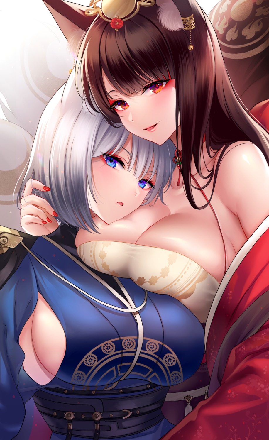 akagi_(azur_lane) animal_ears azur_lane japanese_clothes kaga_(azur_lane) no_bra yukinimaru yuri