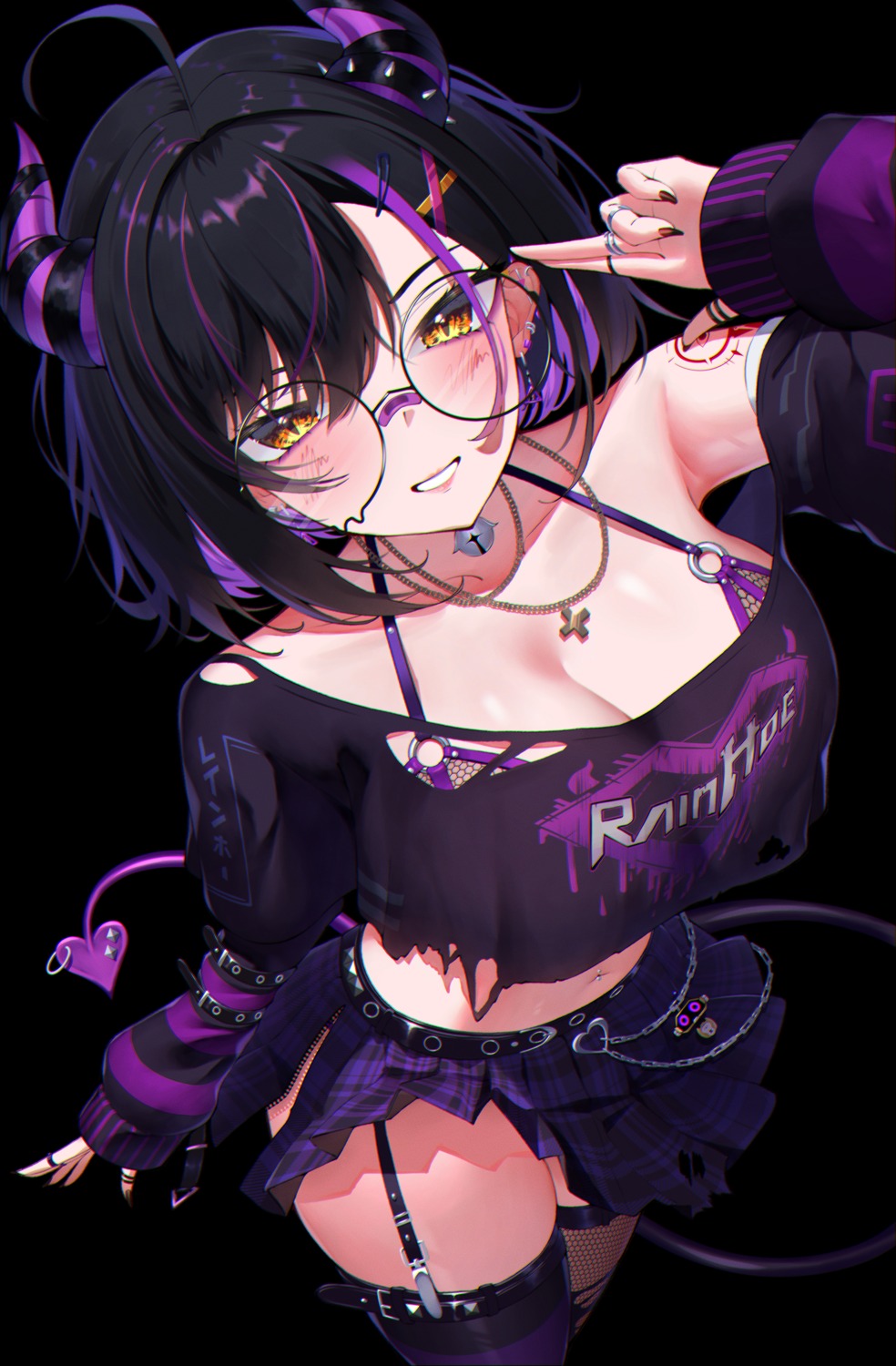 bandaid bra devil fishnets garter himeliofon horns indie_virtual_youtuber megane rainhoe skirt_lift stockings tail tattoo thighhighs torn_clothes